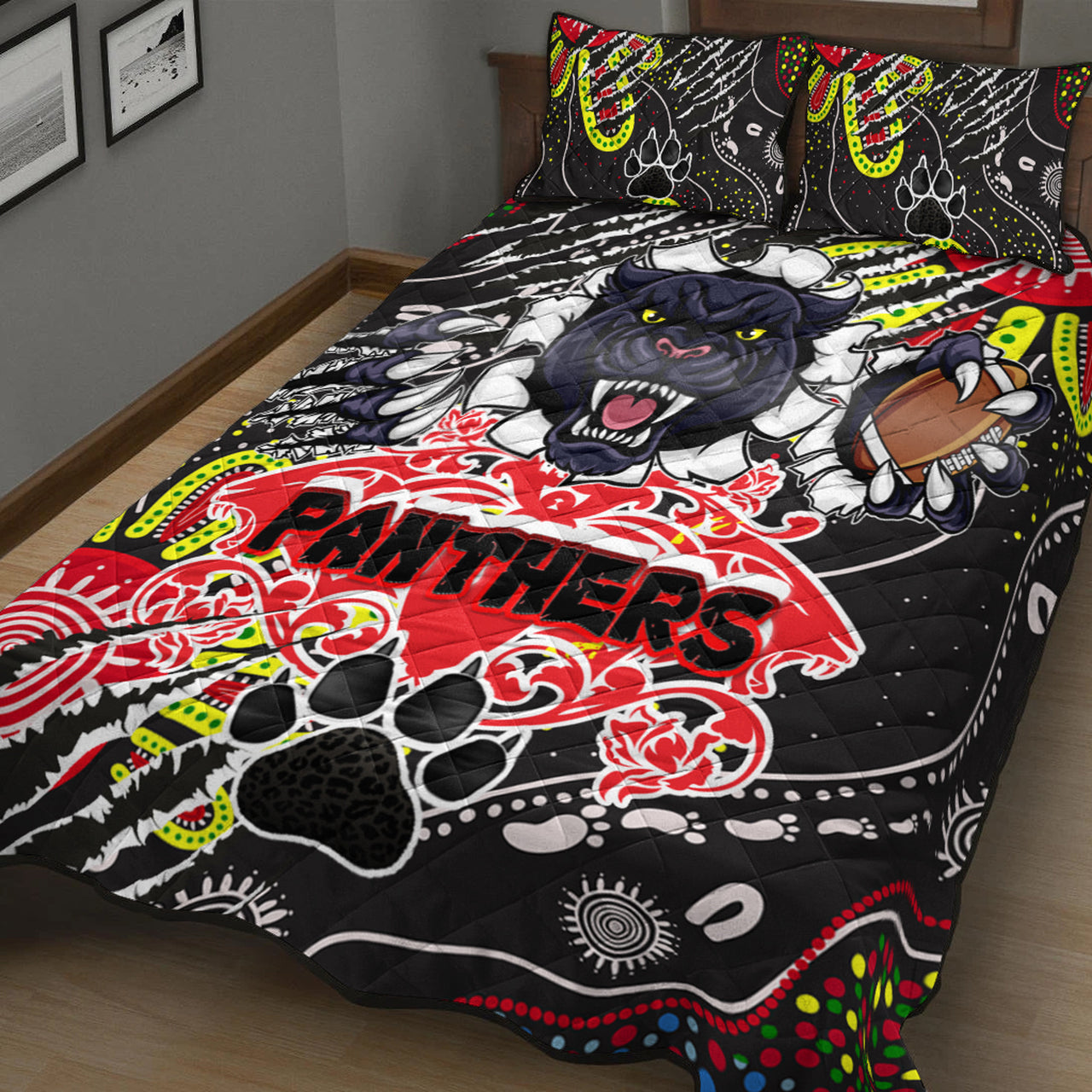 panthers-rugby-aboriginal-quilt-bed-set-indigenous-super-black-panthers-scratch-style