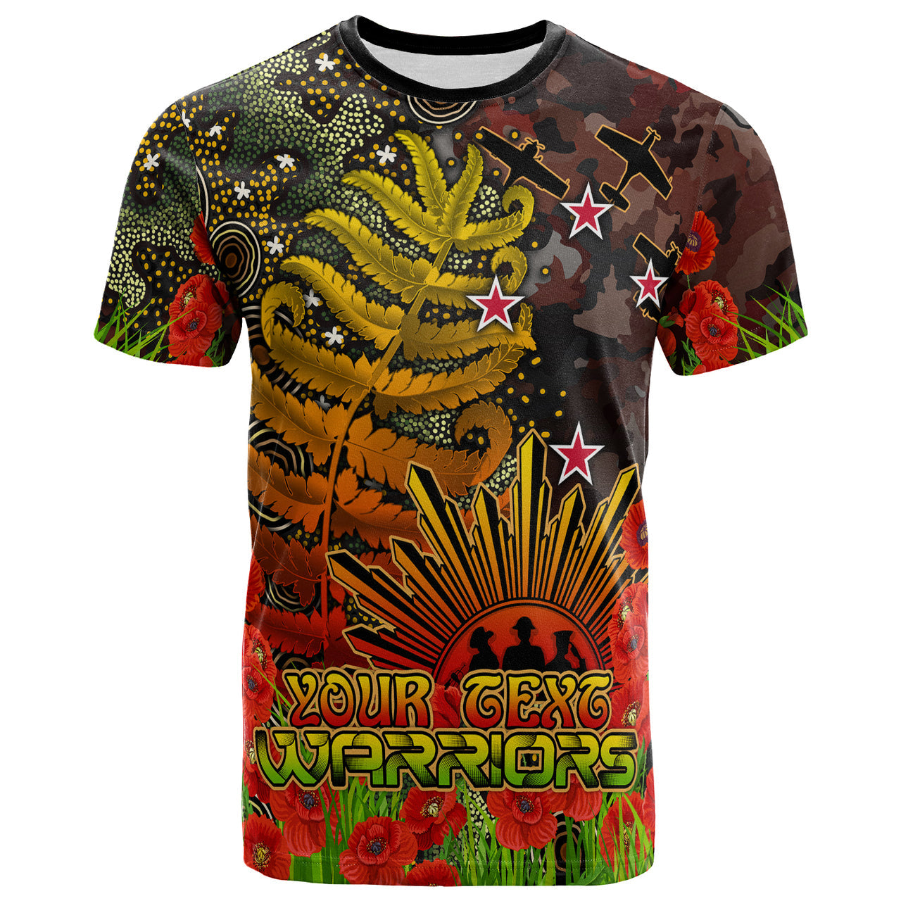 warriors-rugby-t-shirt-custom-anzac-warriors-with-remembrance-poppy-and-indigenous-patterns-t-shirt-1