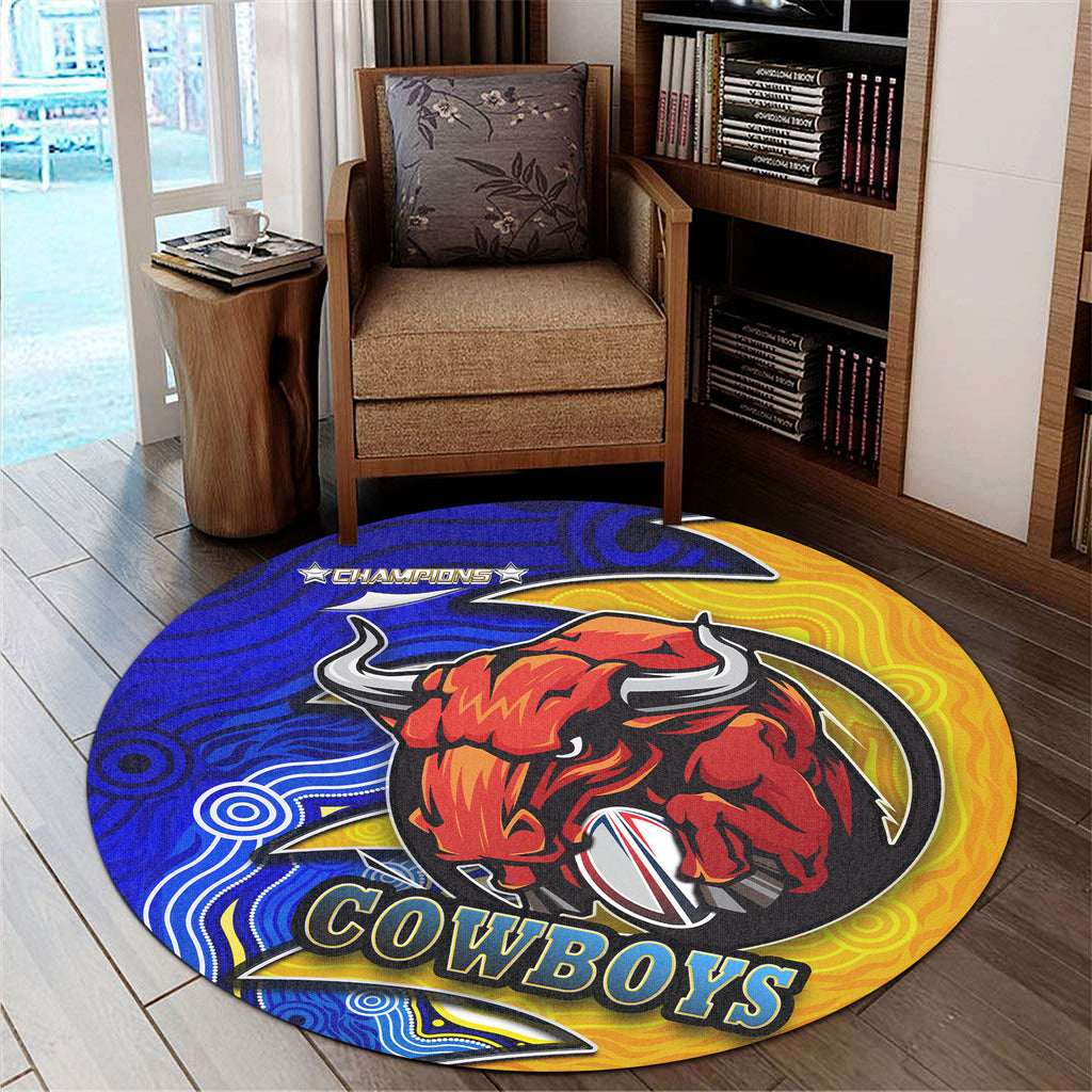 cowboys-rugby-round-rug-bull-rugby-ball-with-aboriginal-style-pattern-personalised-player-and-number-round-rug