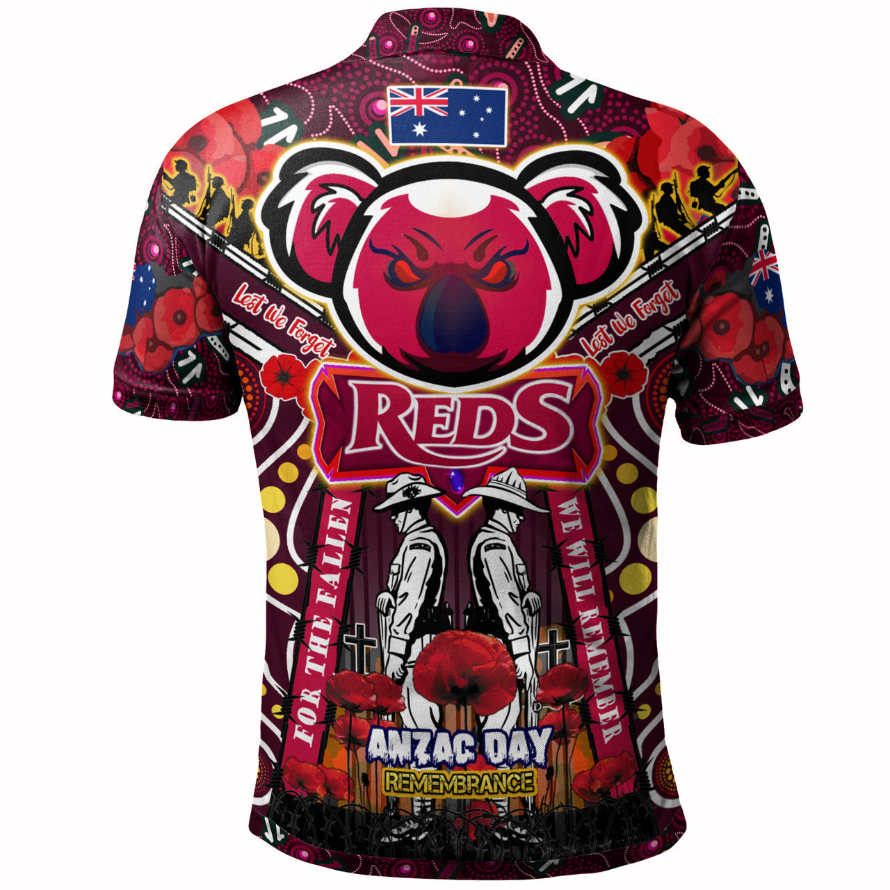 reds-rugby-anzac-aboriginal-custom-watercolour-polo-shirt-remembrance-queensland-reds-with-koala-and-poppy-flower