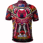 reds-rugby-anzac-aboriginal-custom-watercolour-polo-shirt-remembrance-queensland-reds-with-koala-and-poppy-flower