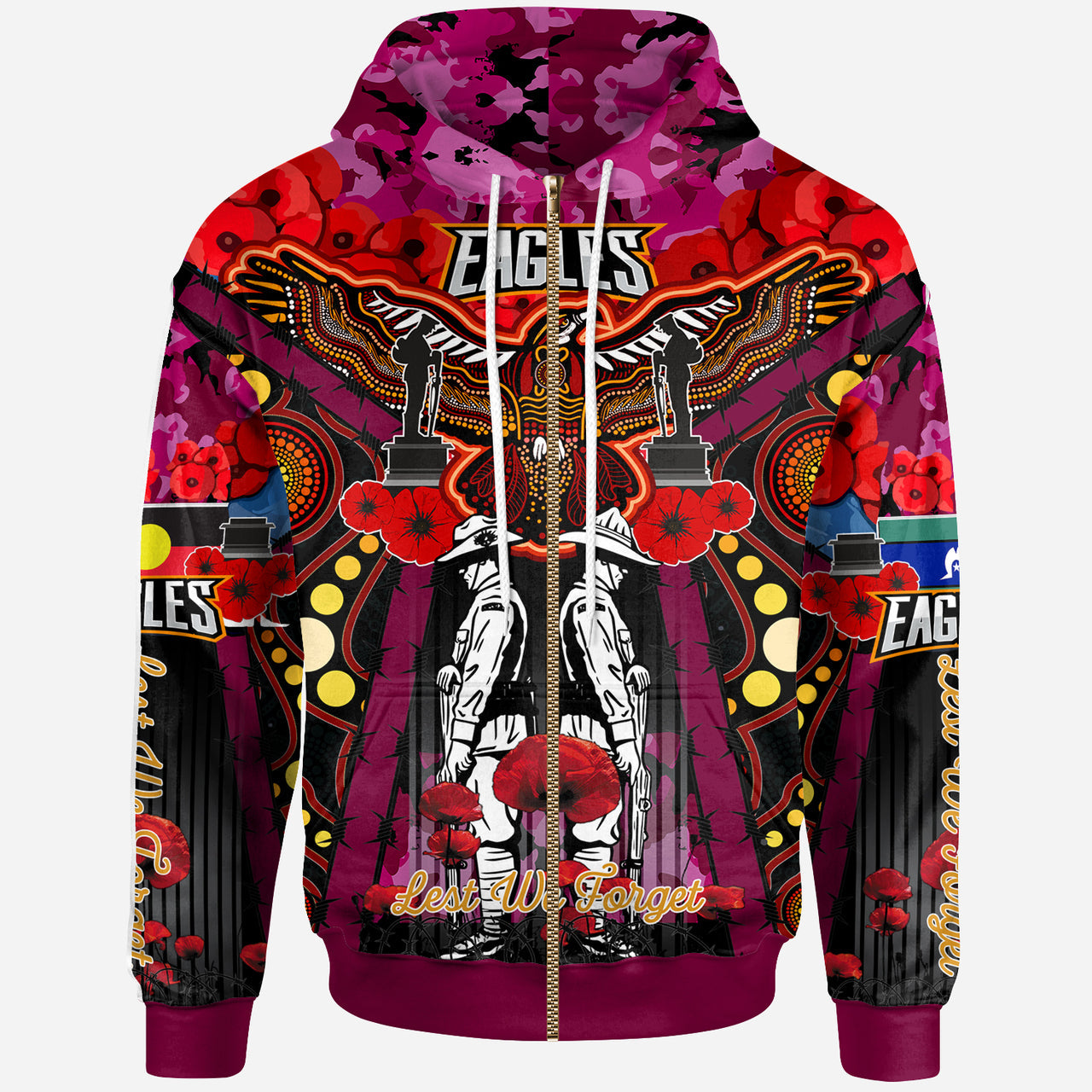eagles-aboriginal-rugby-anzac-day-custom-hoodie-remembrance-sea-eagles-with-poppy-flower-watercolour-style