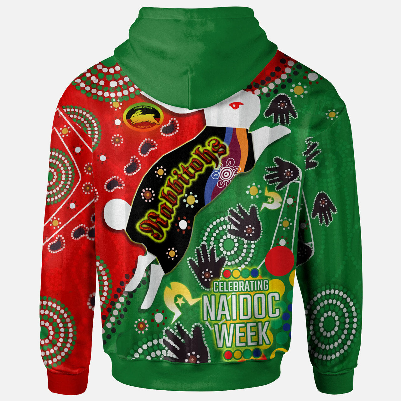 rabbitohs-rugby-naidoc-week-custom-watercolour-dot-painting-hoodie-rabbitohs-getting-up-standing-up-showing-up