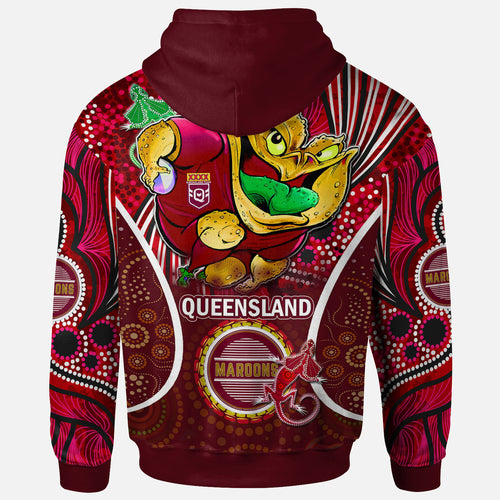 queensland-rugby-league-team-hoodie-custom-qld-maroons-cane-toads-with-aboriginal-art-personalised-player-and-number-hoodie