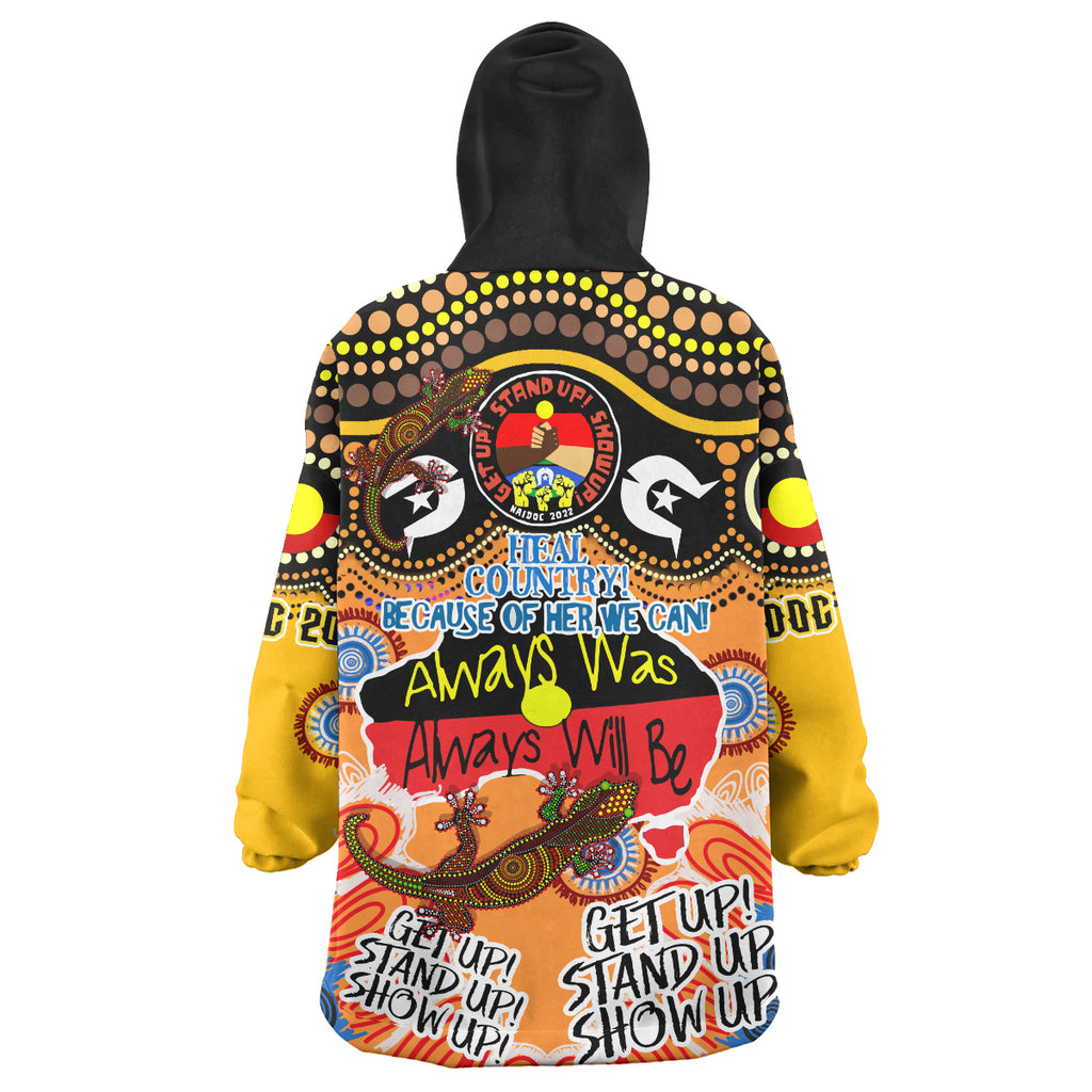 australia-naidoc-week-2023-wearable-blanket-hoodie-naidoc-week-timeline-with-aboriginal-inspired-dot-art-painting-and-aussie-gecko-wearable-blanket-hoodie