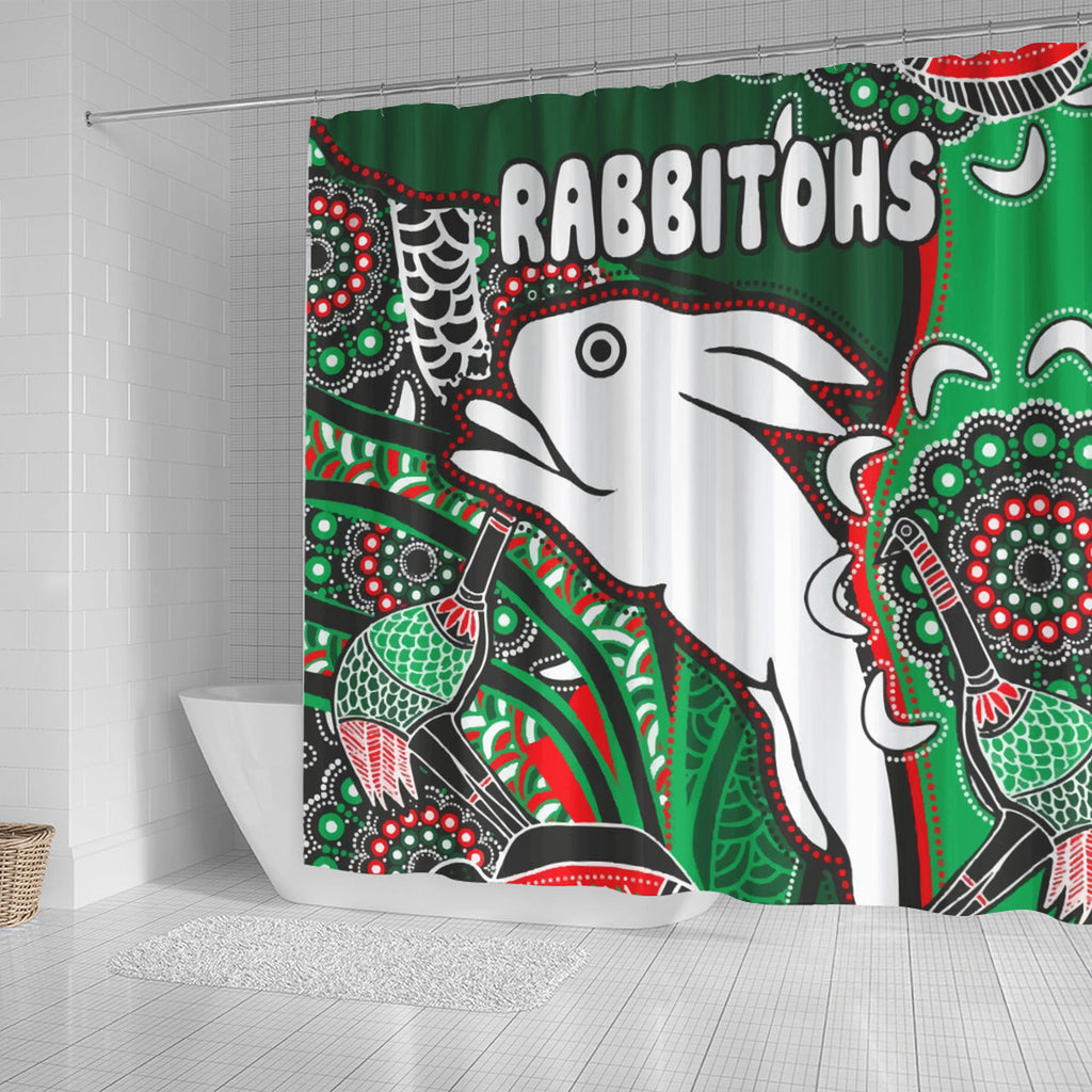 south-sydney-rabbitohs-rugby-custom-shower-curtain-indigenous-dreaming-rabbitohs