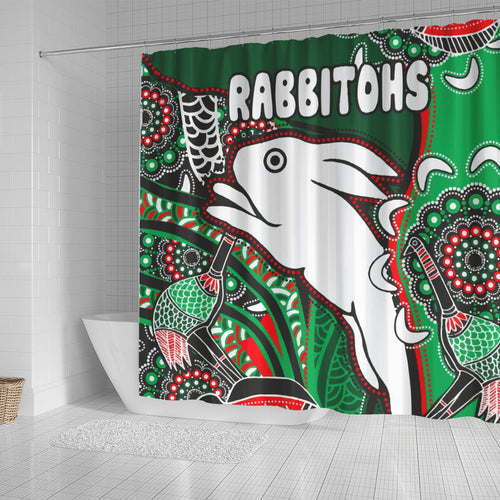 south-sydney-rabbitohs-rugby-custom-shower-curtain-indigenous-dreaming-rabbitohs