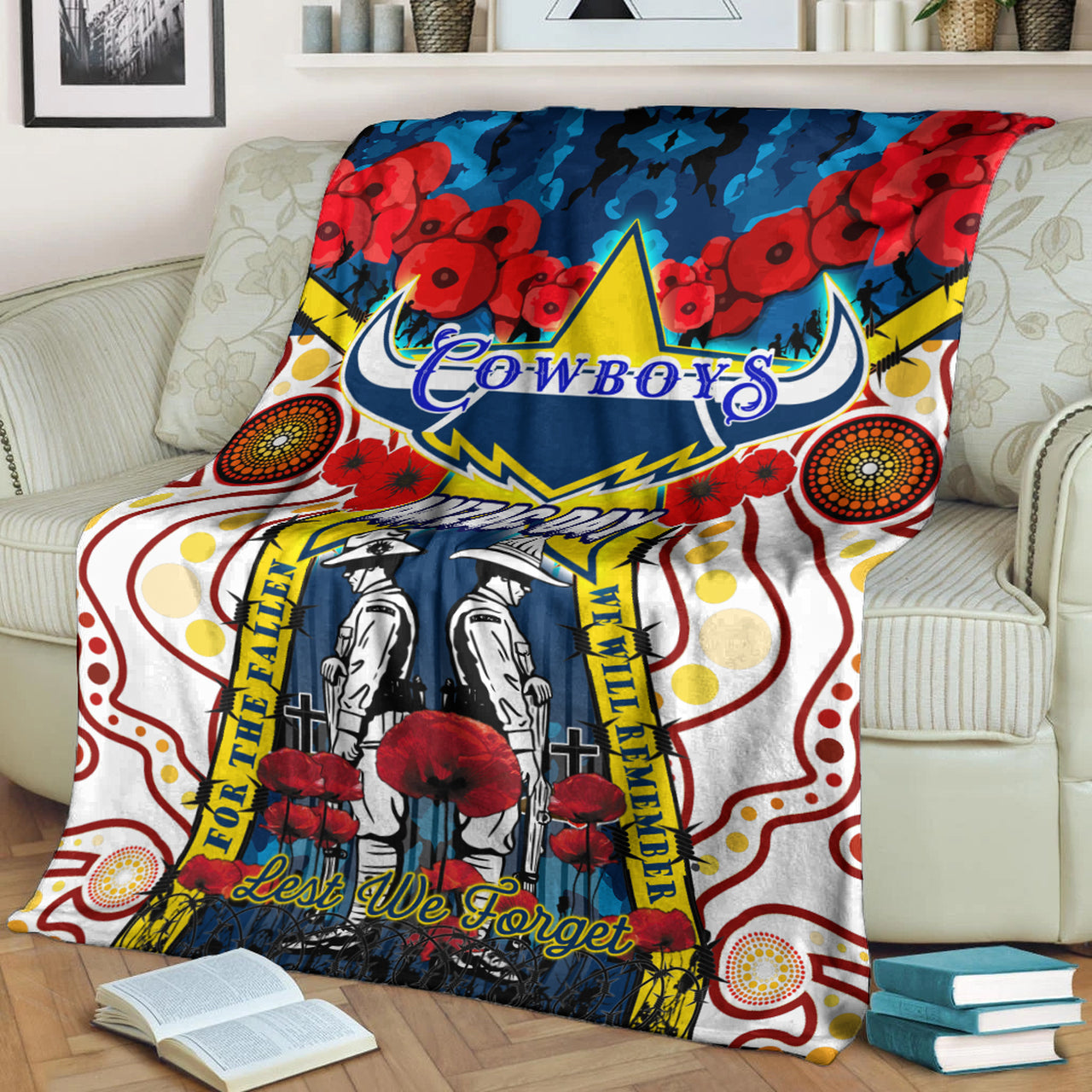 cowboys-rugby-anzac-day-watercolour-blanket-custom-remembrance-cowboys-with-poppy-flower