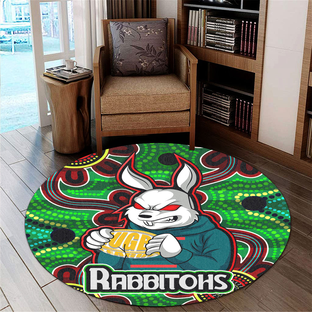 rabbitohs-rugby-round-rug-rabbitohs-with-rugby-ball-aboriginal-style-of-dot-painting-patterns-custom-round-rug