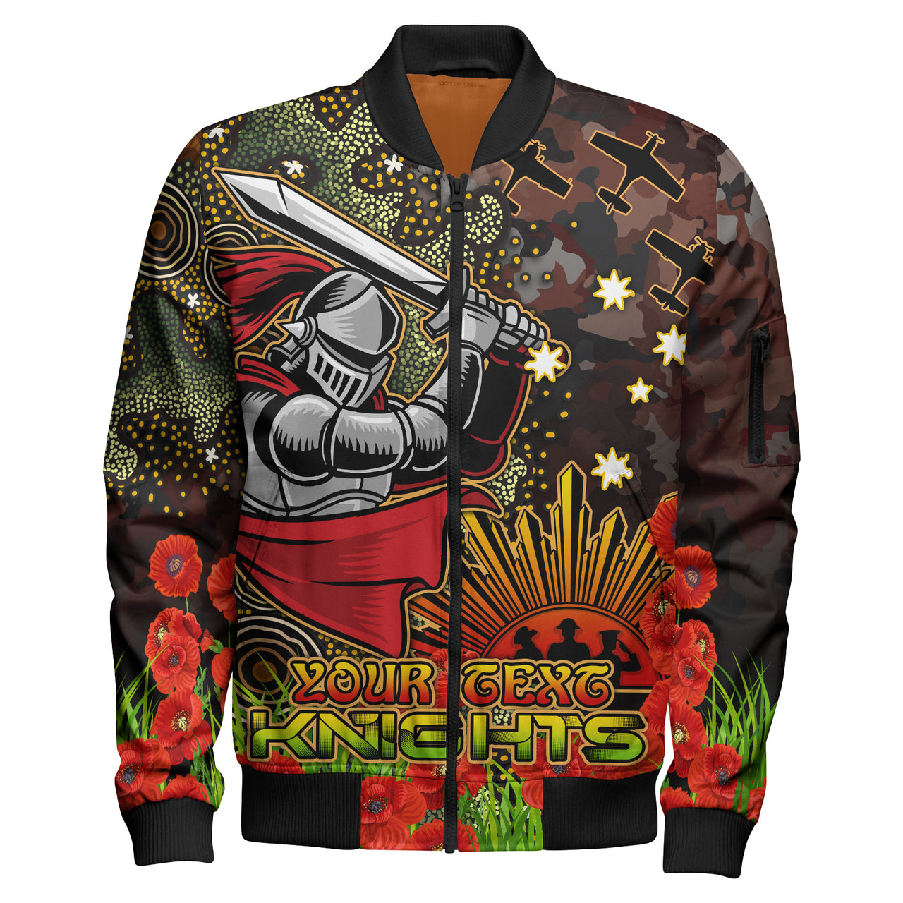 knights-rugby-bomber-jacket-custom-anzac-kinghts-with-remembrance-poppy-and-indigenous-patterns-bomber-jacket