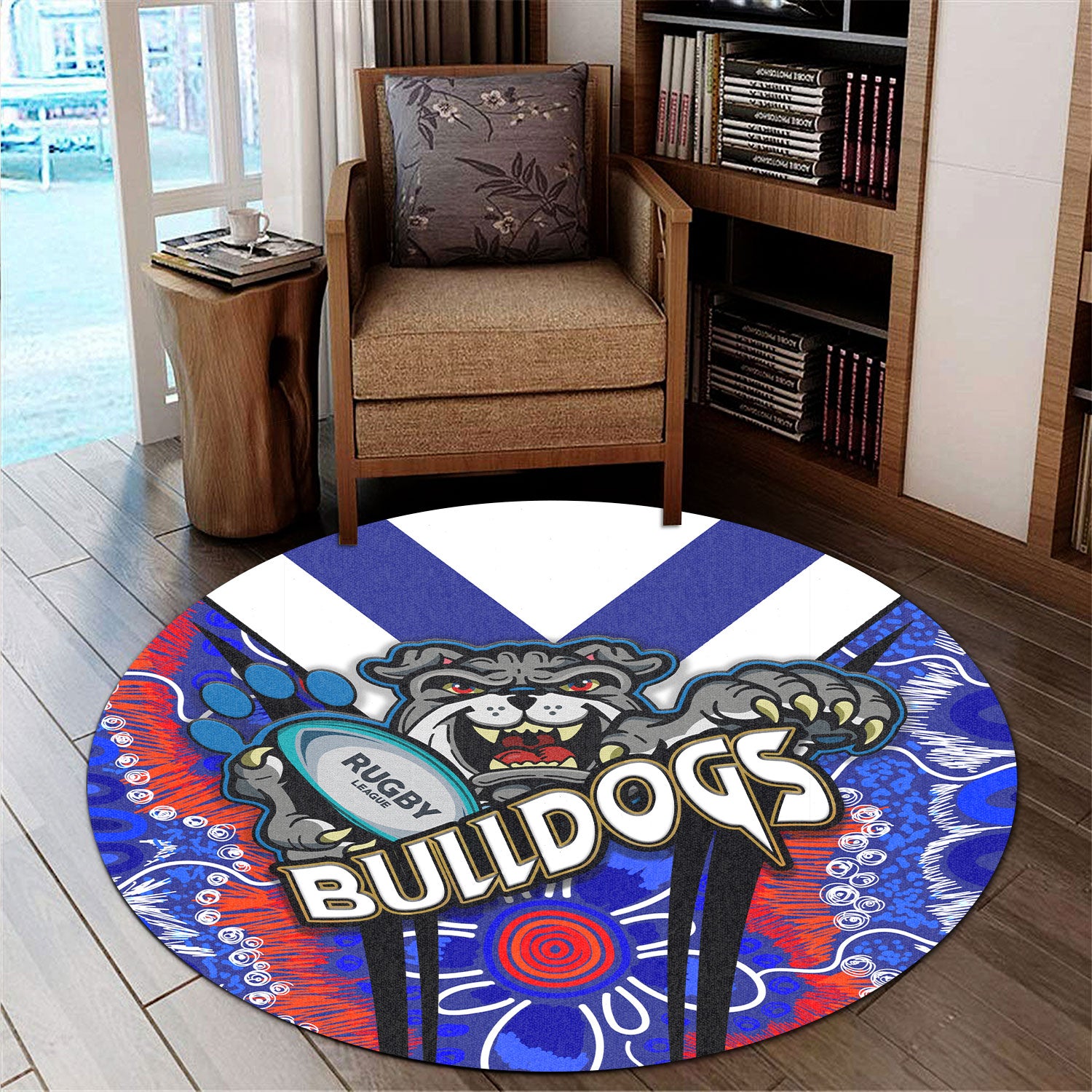bulldogs-rugby-round-rug-bulldogs-rugby-ball-with-contemporary-style-of-aboriginal-painting-round-rug