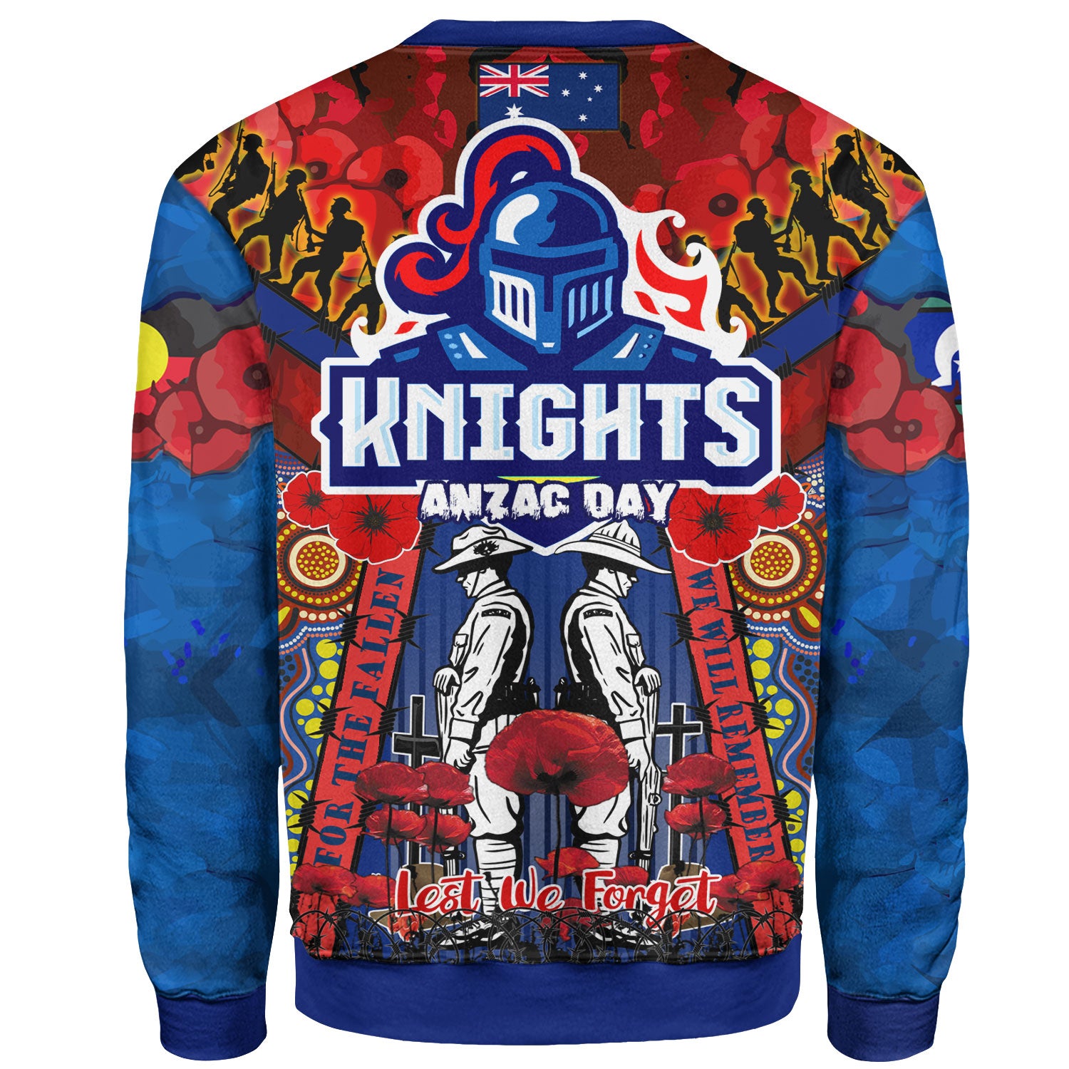 knights-rugby-anzac-watercolour-sweatshirt-custom-remembrance-indigenous-newcastle-knights-with-poppy-flower-sweatshirt