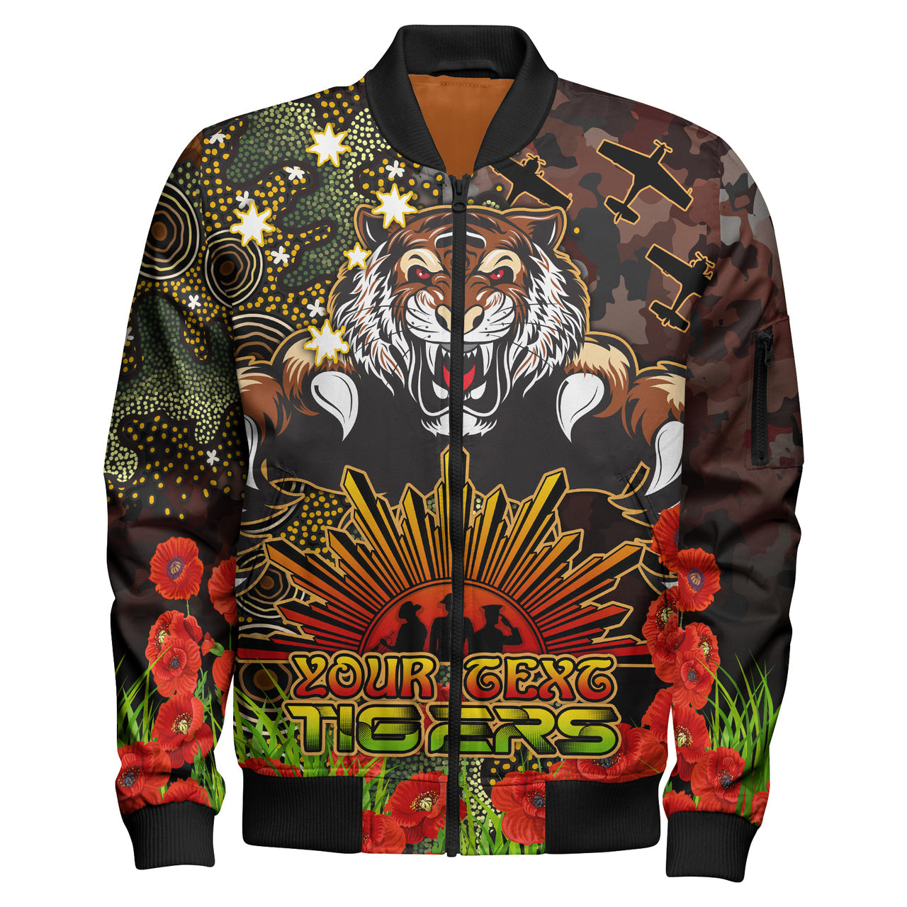 tigers-rugby-bomber-jacket-custom-anzac-tigers-with-remembrance-poppy-and-indigenous-patterns-bomber-jacket