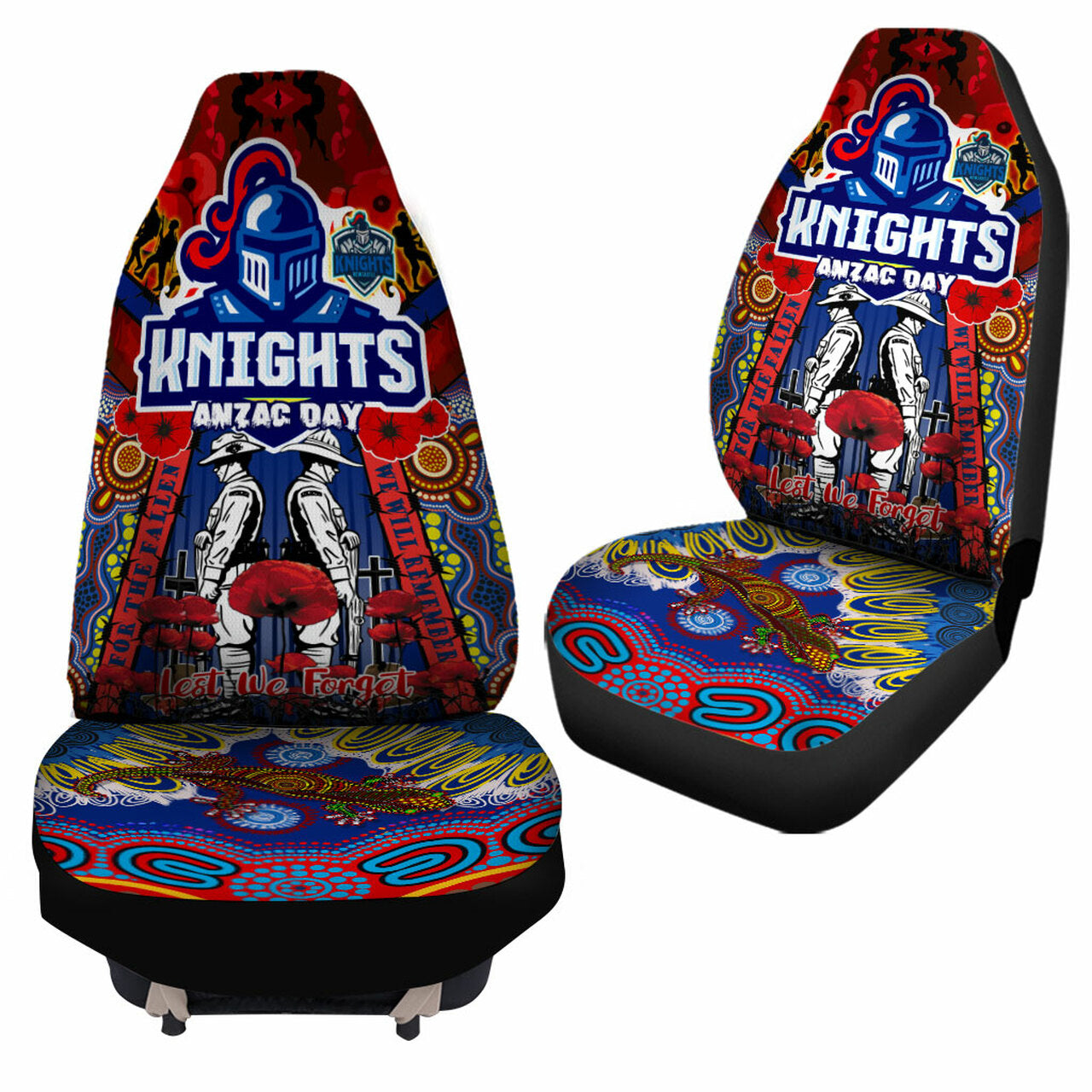 knights-rugby-anzac-custom-watercolour-car-seat-cover-remembrance-indigenous-newcastle-knights-with-poppy-flower