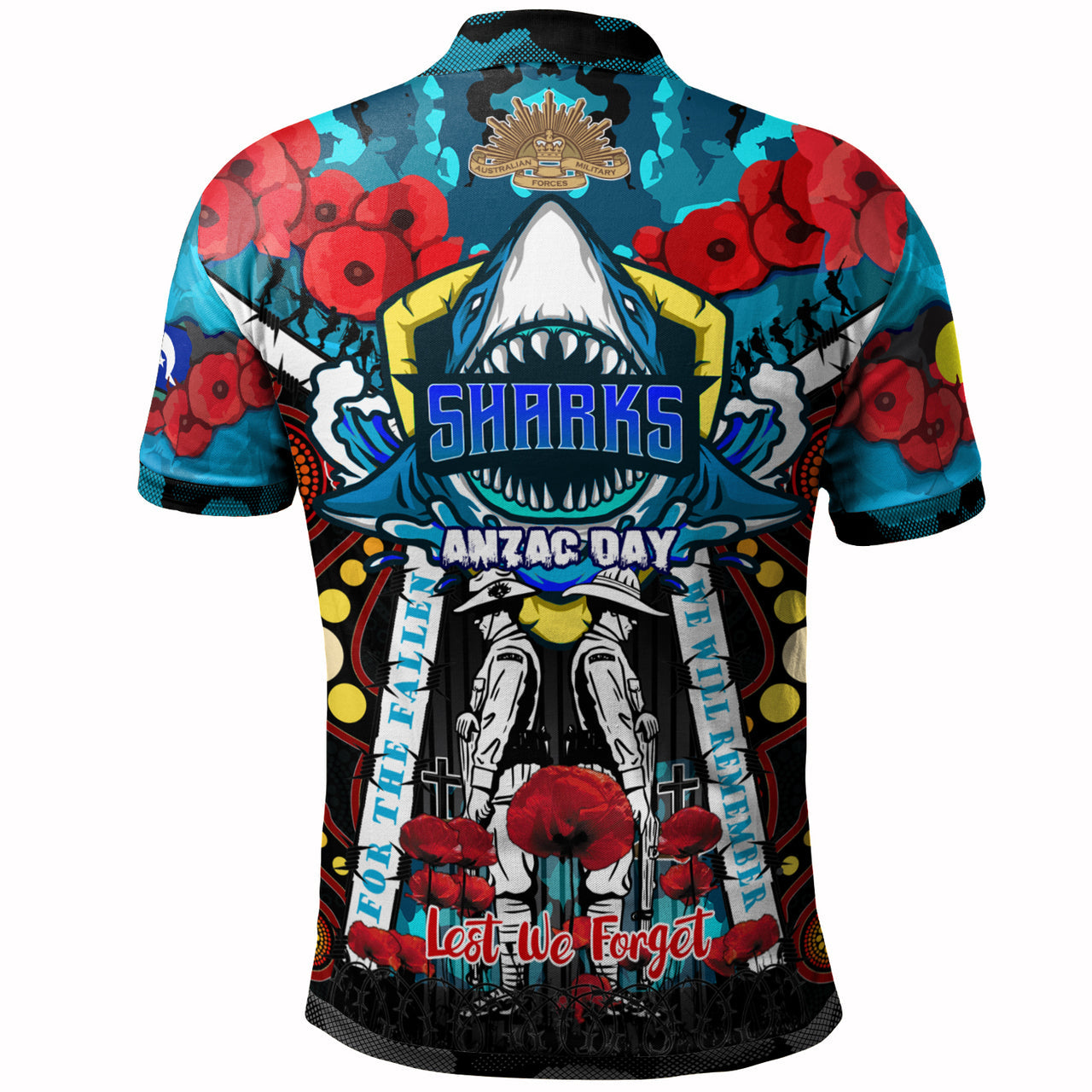 sharks-rugby-anzac-day-watercolour-custom-polo-shirt-remembrance-cronulla-sutherland-sharks-with-poppy-flower