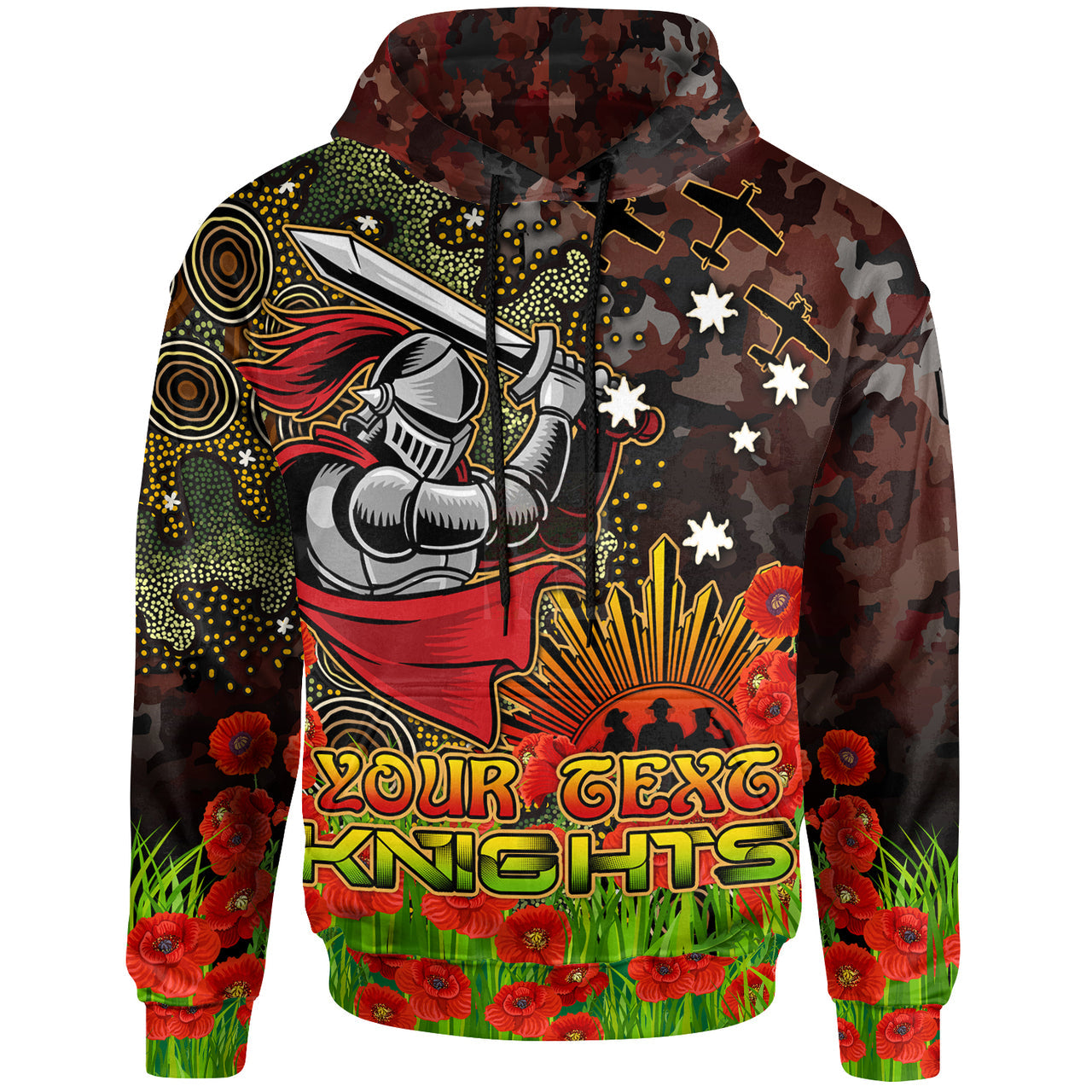 knights-rugby-hoodie-custom-anzac-kinghts-with-remembrance-poppy-and-indigenous-patterns-hoodie