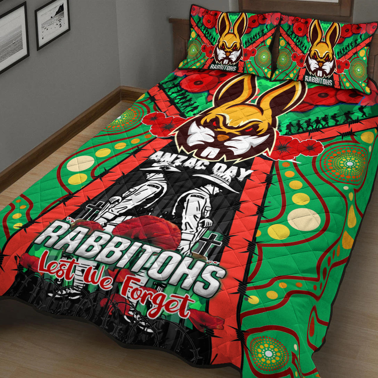rabbitohs-rugby-aboriginal-anzac-day-custom-watercolour-quilt-bed-set-remembrance-indigenous-rabbitohs-with-poppy-flower