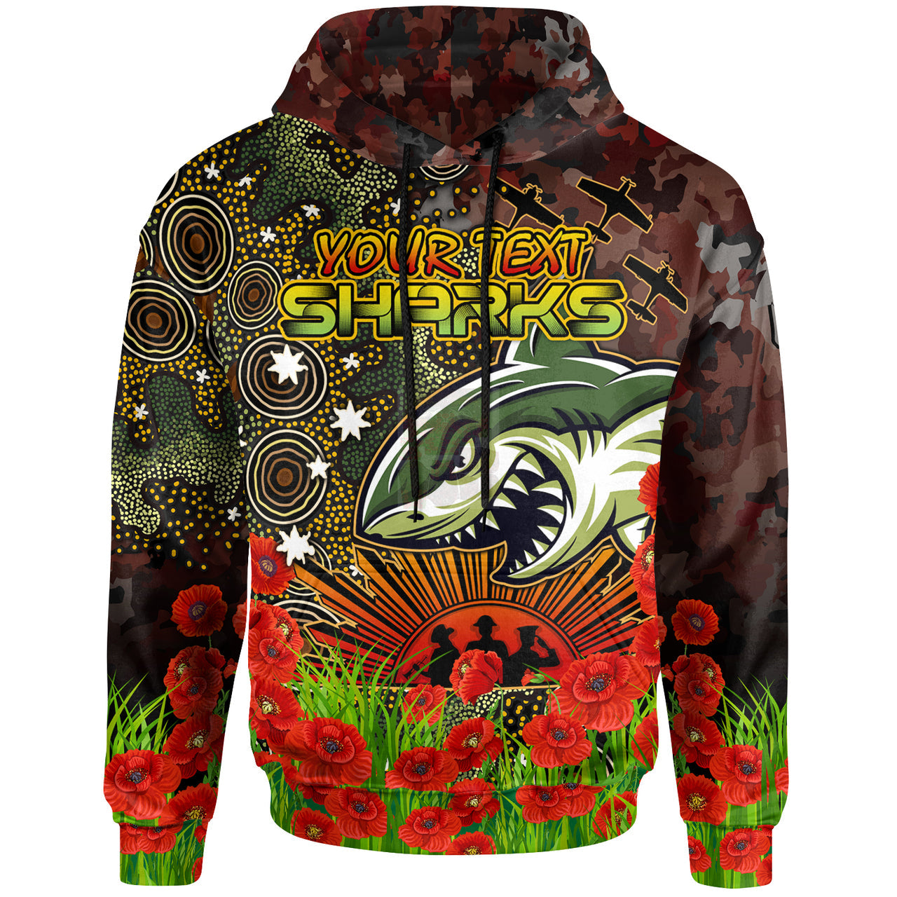 sharks-rugby-hoodie-custom-anzac-sharks-with-remembrance-poppy-and-indigenous-patterns-hoodie