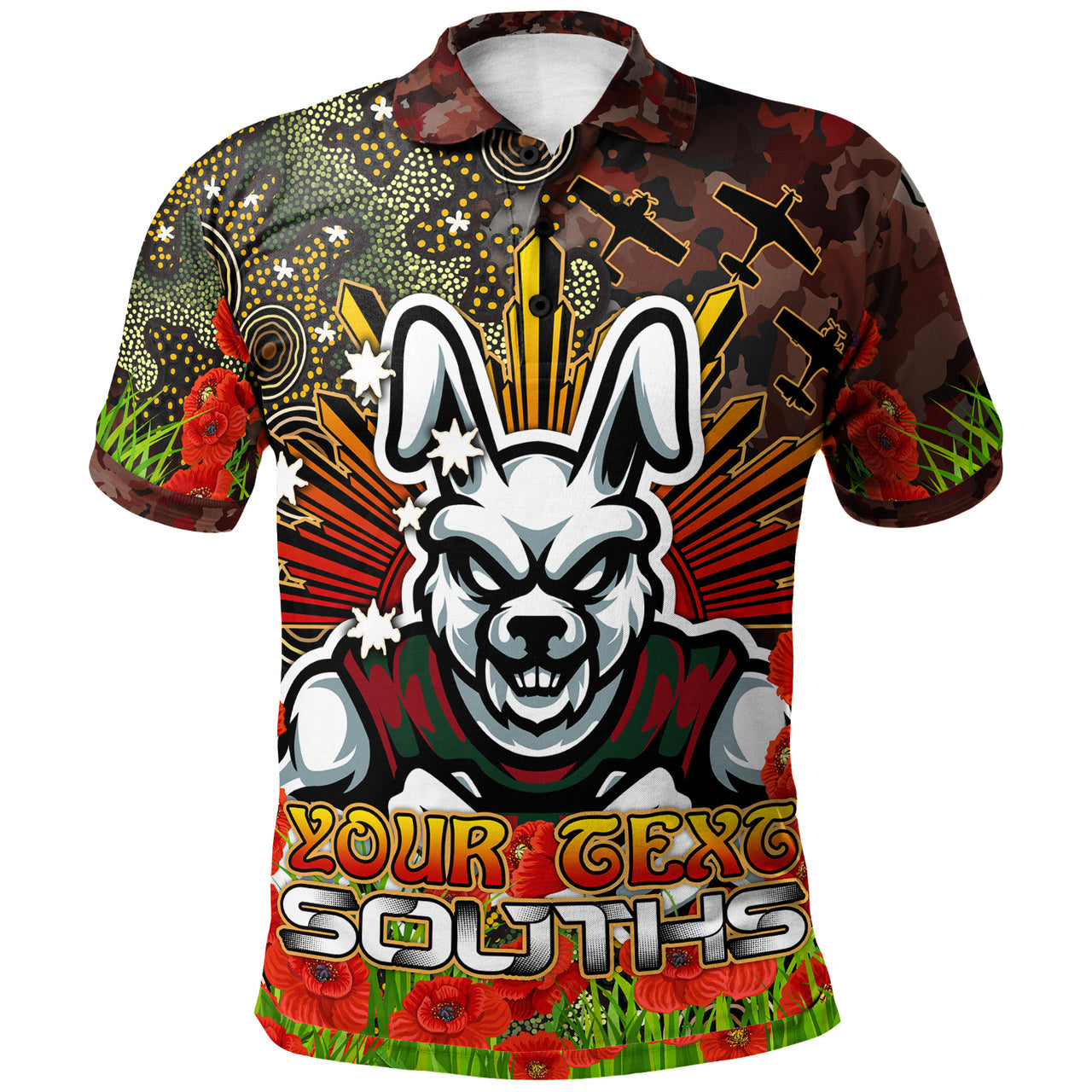 rabbitohs-rugby-polo-shirt-anzac-souths-with-remembrance-poppy-and-indigenous-patterns-polo-shirt