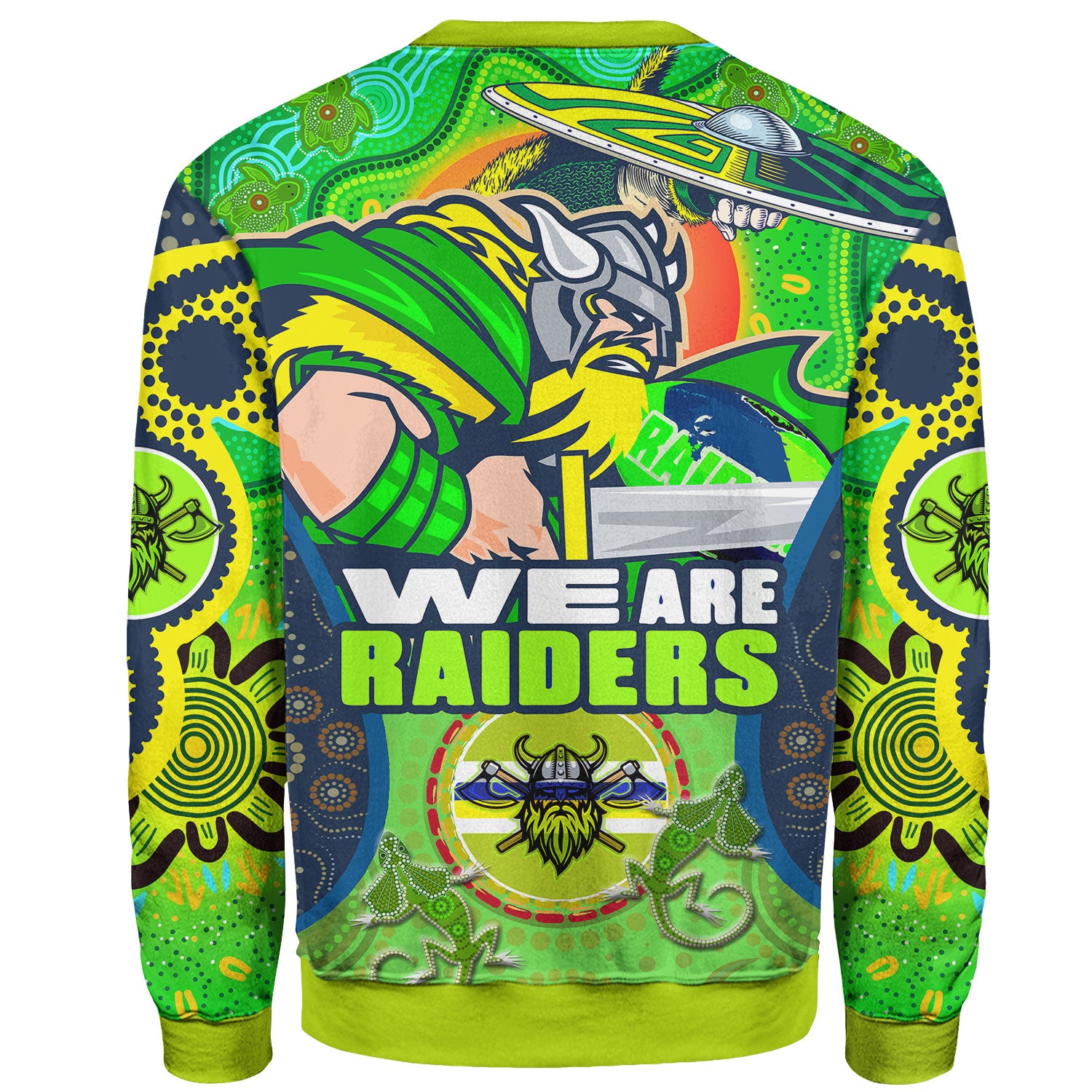 raiders-rugby-sweatshirt-custom-we-are-raiders-mascot-with-aboriginal-art-sweatshirt