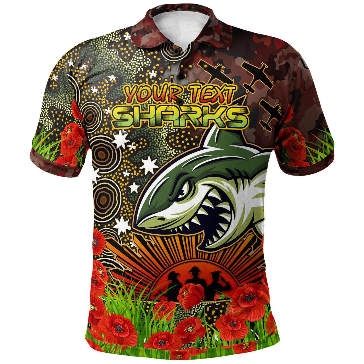 sharks-rugby-polo-shirt-custom-anzac-sharks-with-remembrance-poppy-and-indigenous-patterns-polo-shirt
