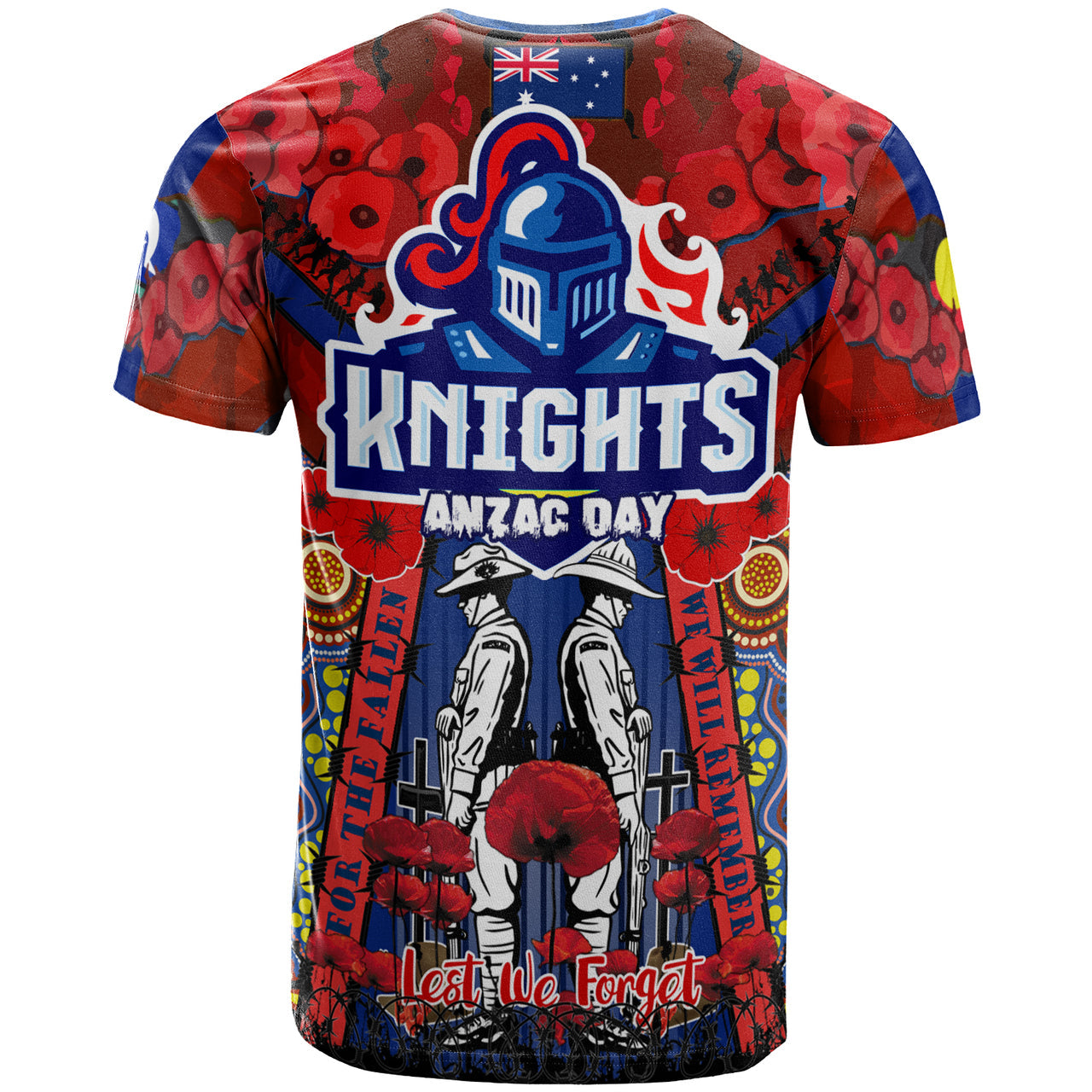 knights-rugby-anzac-custom-watercolour-t-shirt-remembrance-indigenous-newcastle-knights-with-poppy-flower-home-and-away