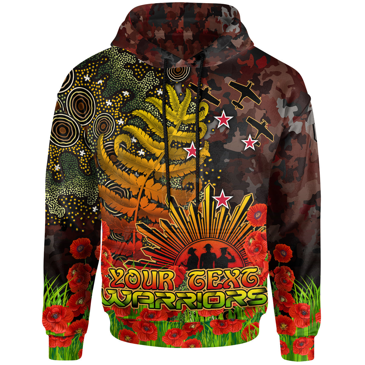 Warriors Rugby Hoodie - Custom Anzac Warriors with Remembrance Poppy and Indigenous Patterns Hoodie RLT13