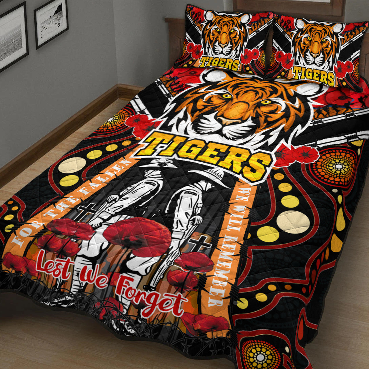 tigers-rugby-anzac-day-watercolour-quilt-bed-set-custom-remembrance-west-tigers-with-poppy-flower