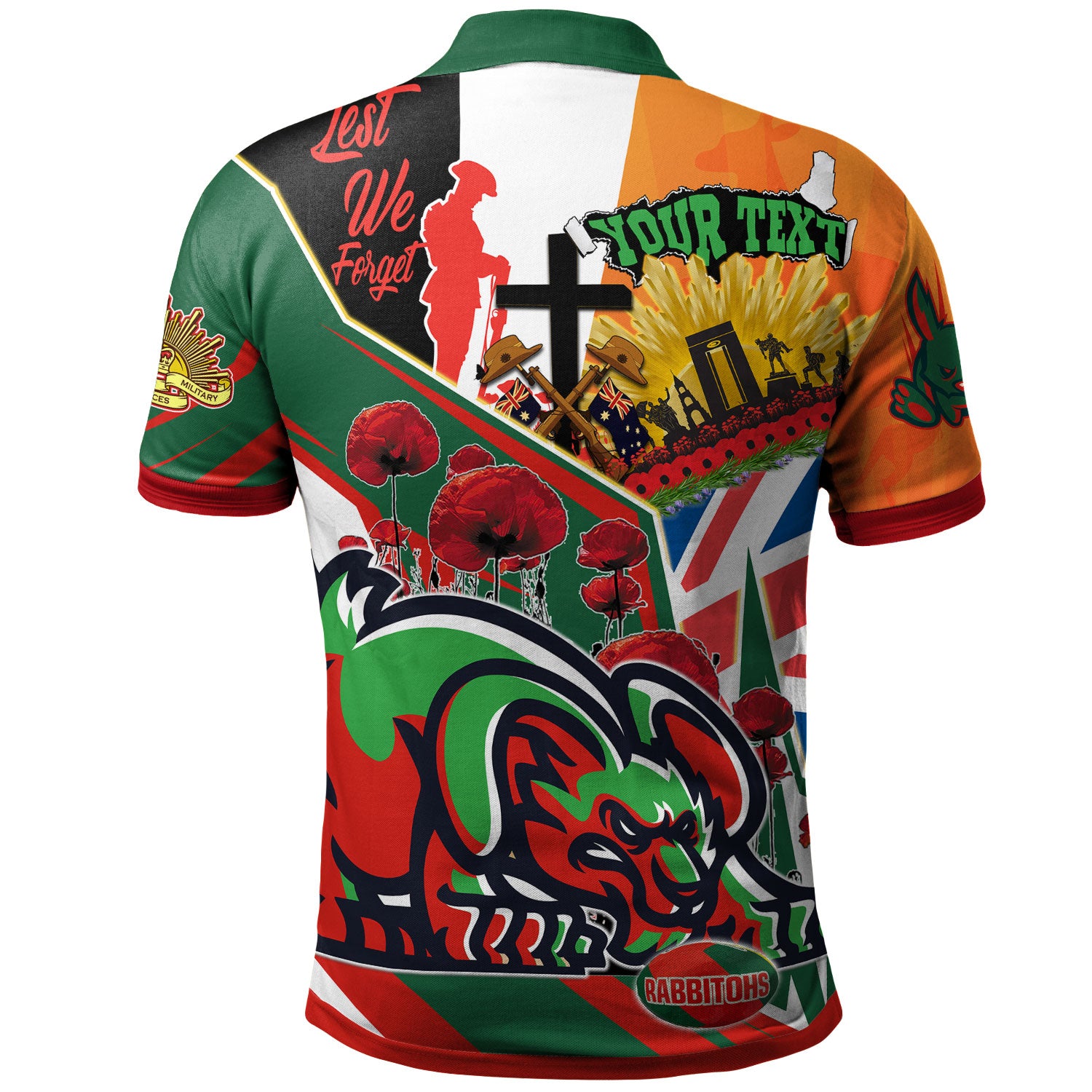 rabbitohs-rugby-polo-shirt-custom-remembrance-rabbitohs-anzac-quote-with-poppy-and-rosemary-polo-shirt