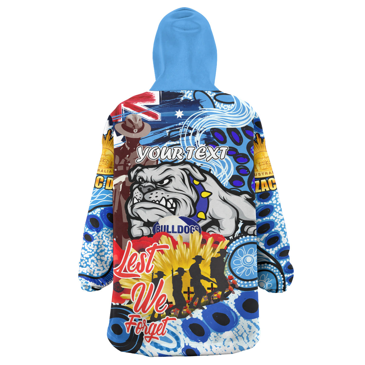 bulldogs-rugby-australia-and-nz-anzac-day-snug-hoodie-lest-we-forget-bulldogs-with-rugby-ball-and-aboriginal-patterns-oodie-blanket