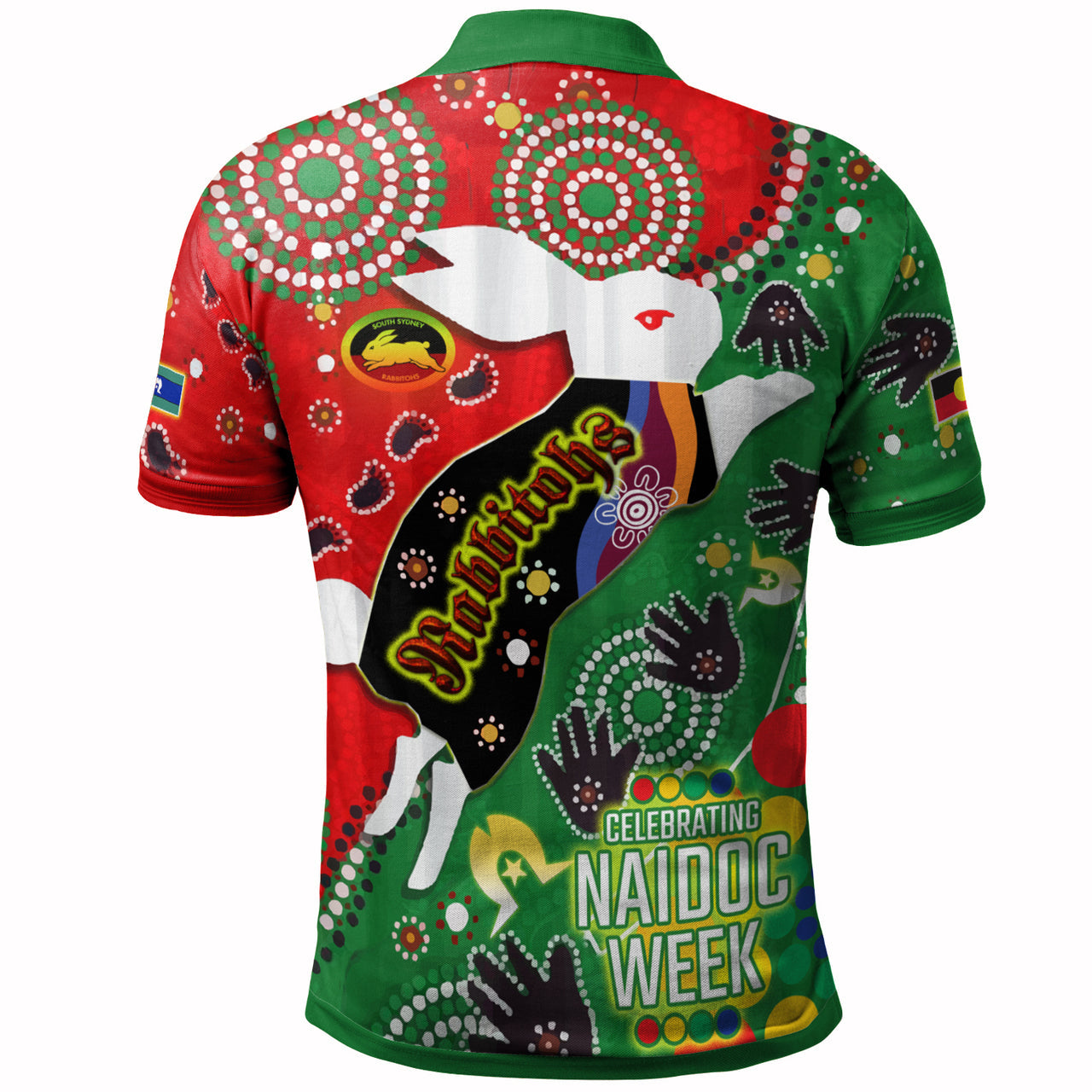 rabbitohs-rugby-naidoc-week-custom-watercolour-dot-painting-polo-shirt-rabbitohs-getting-up-standing-up-showing-up
