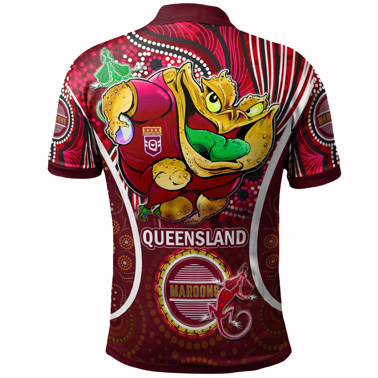 queensland-rugby-league-team-polo-shirt-custom-qld-maroons-cane-toads-with-aboriginal-art-personalised-player-and-number-polo-shirt