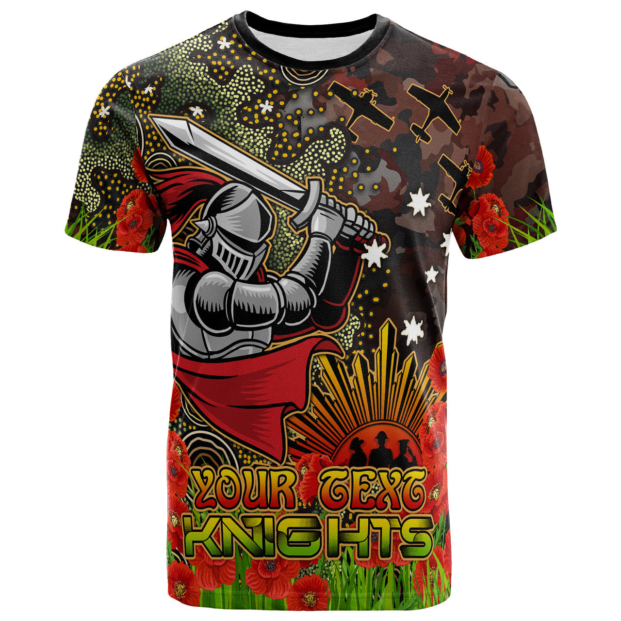 knights-rugby-t-shirt-custom-anzac-kinghts-with-remembrance-poppy-and-indigenous-patterns-t-shirt