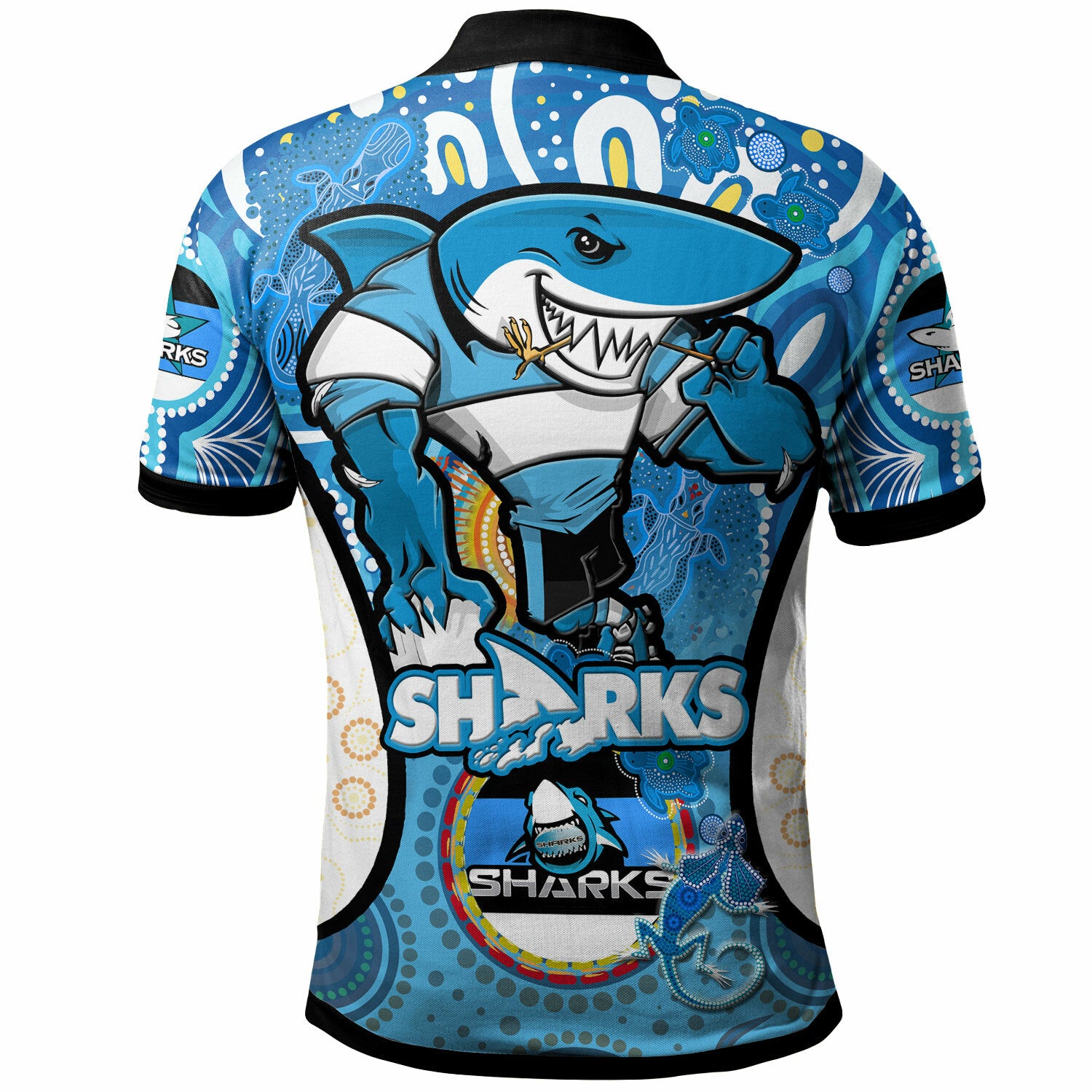 sharks-rugby-polo-shirt-custom-sharkies-mascot-with-aboriginal-art-personalised-player-and-number-polo-shirt