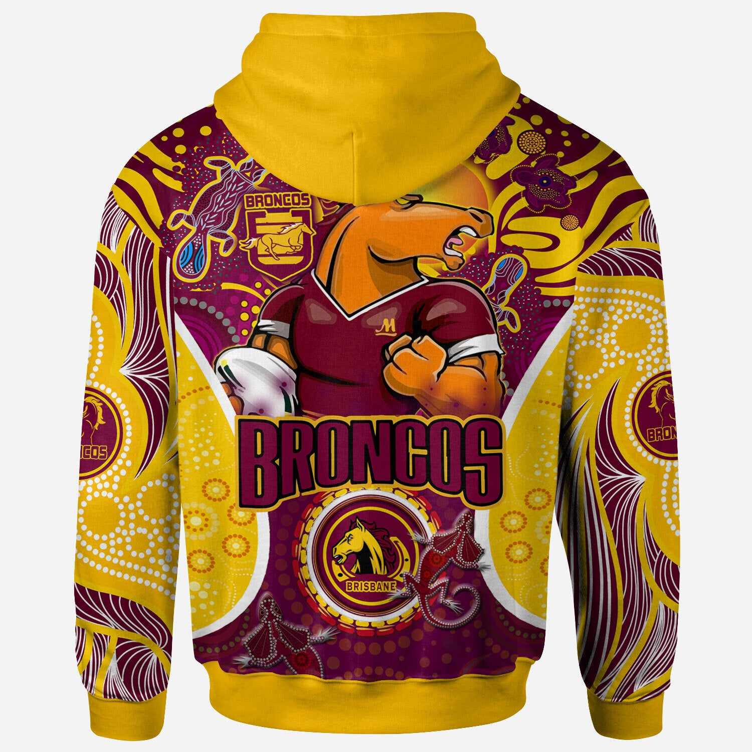 brisbane-broncos-rugby-hoodie-custom-brisbane-broncos-mascot-with-aboriginal-art-personalised-player-and-number-hoodie