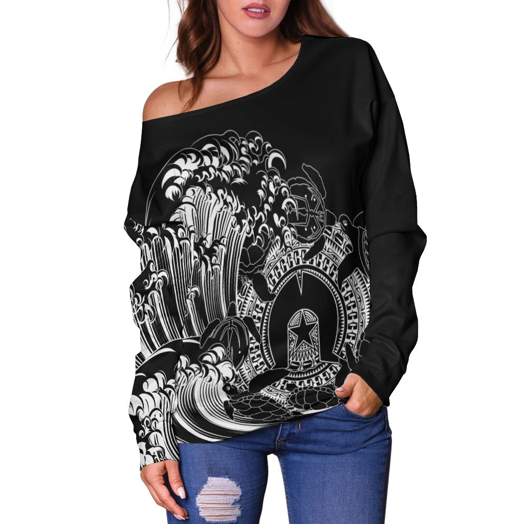 Aboriginal Women's Off Shoulder Sweater, Torres Strait Islands in Wave (Black) - Vibe Hoodie