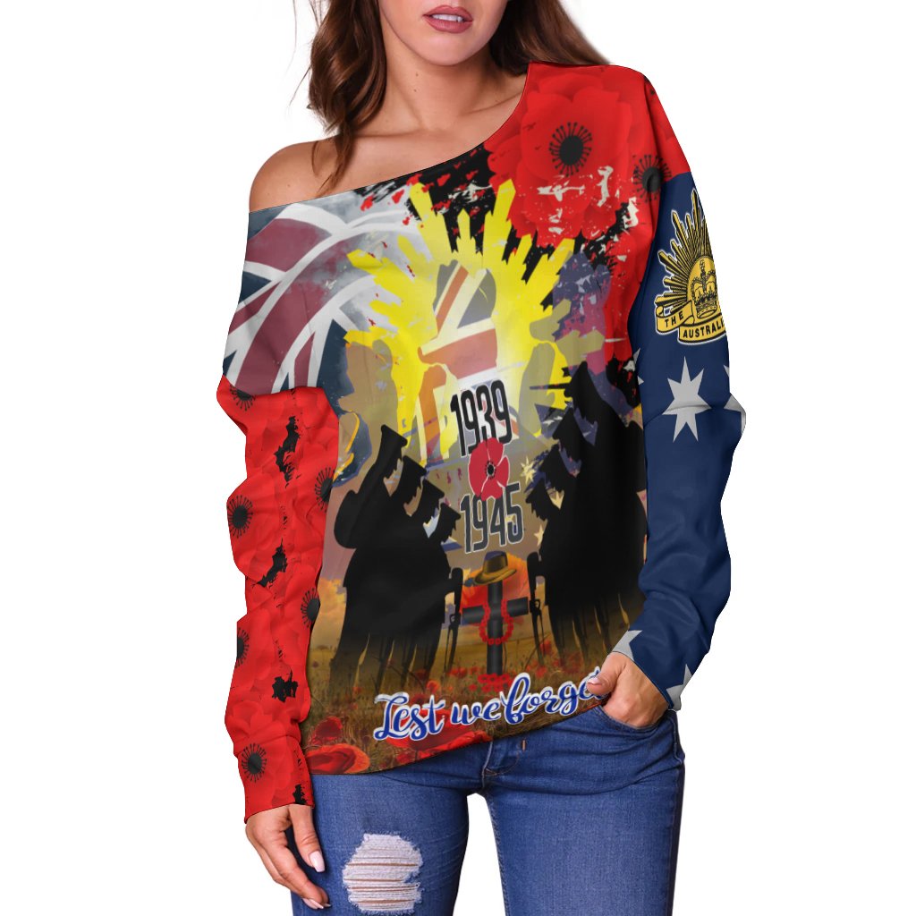 Off Shoulder Sweater - Anzac Day 2021 World War II Commemoration 1939 - 1945 - Vibe Hoodie