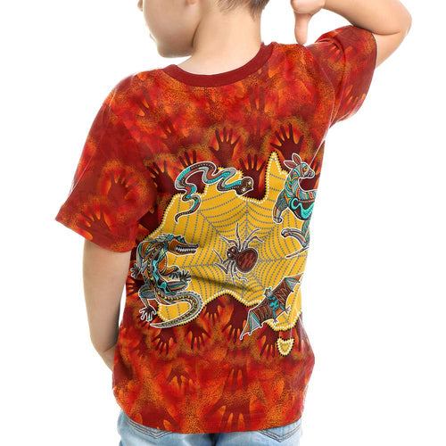 custom-aboriginal-kid-t-shirts-australia-map-hand-patterns-spider-web
