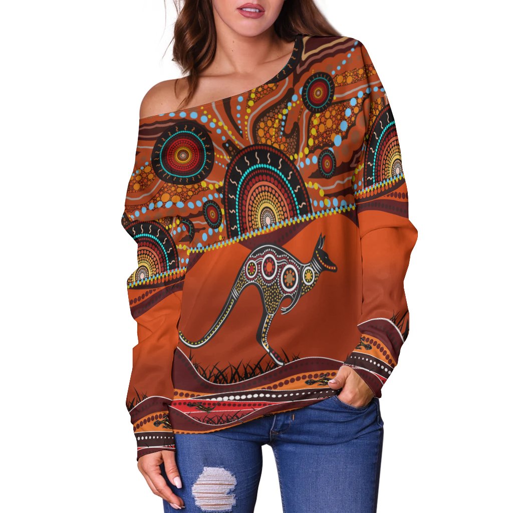 Aboriginal Off Shoulder Sweater - Kangaroo With Dot Painting - Vibe Hoodie