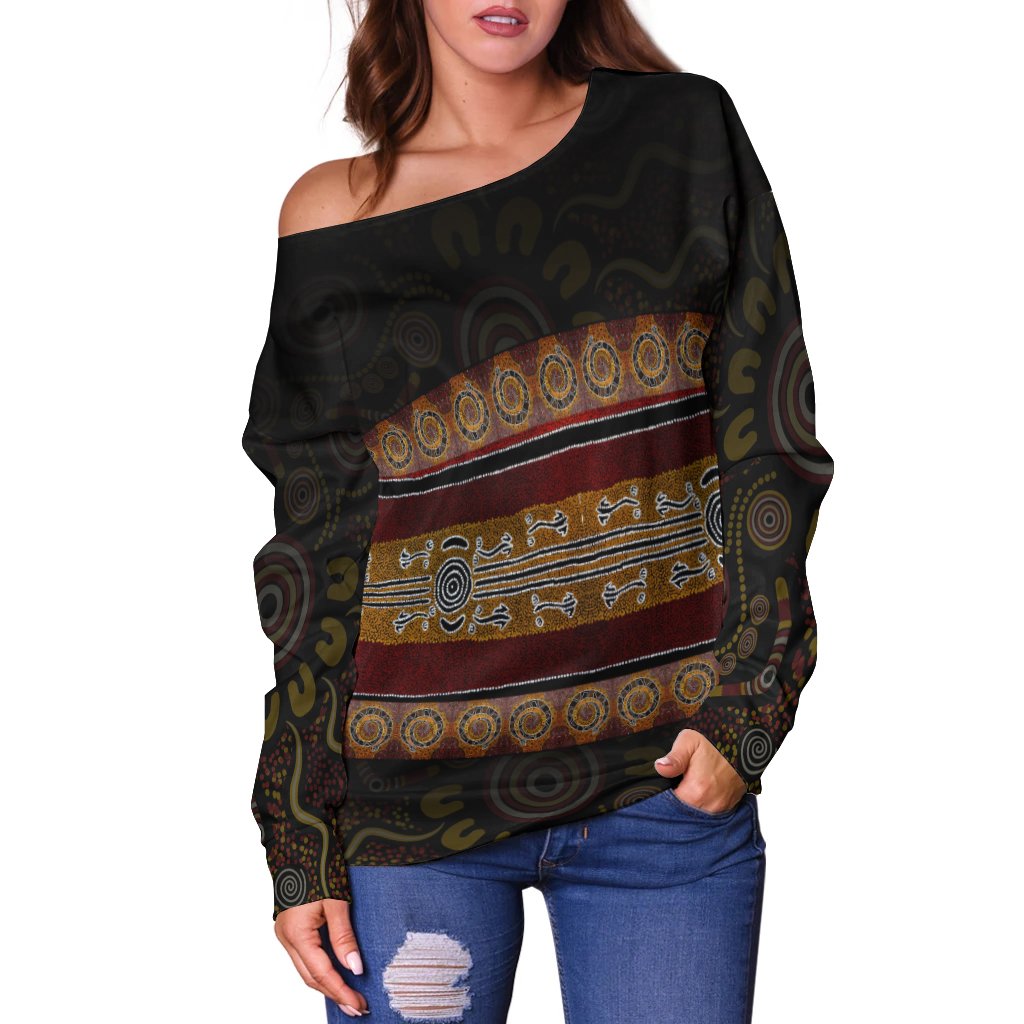 Off Shoulder -  Aboriginal Dot Panting Art Horizontal Lines - Vibe Hoodie