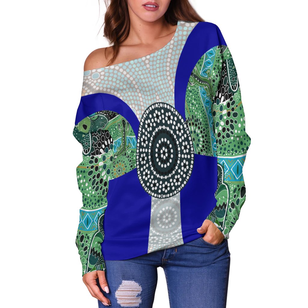 Off Shoulder Sweater - Flag of Torres Strait Islander - Vibe Hoodie