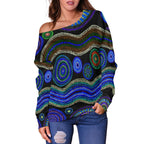 Off Shoulder Sweater - Aboriginal Dot Unique Style Blue - Vibe Hoodie