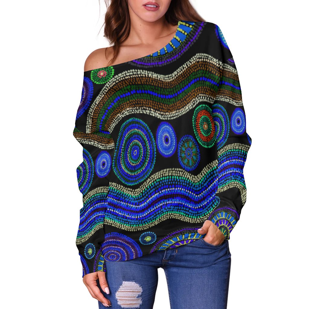 Off Shoulder Sweater - Aboriginal Dot Unique Style Blue - Vibe Hoodie