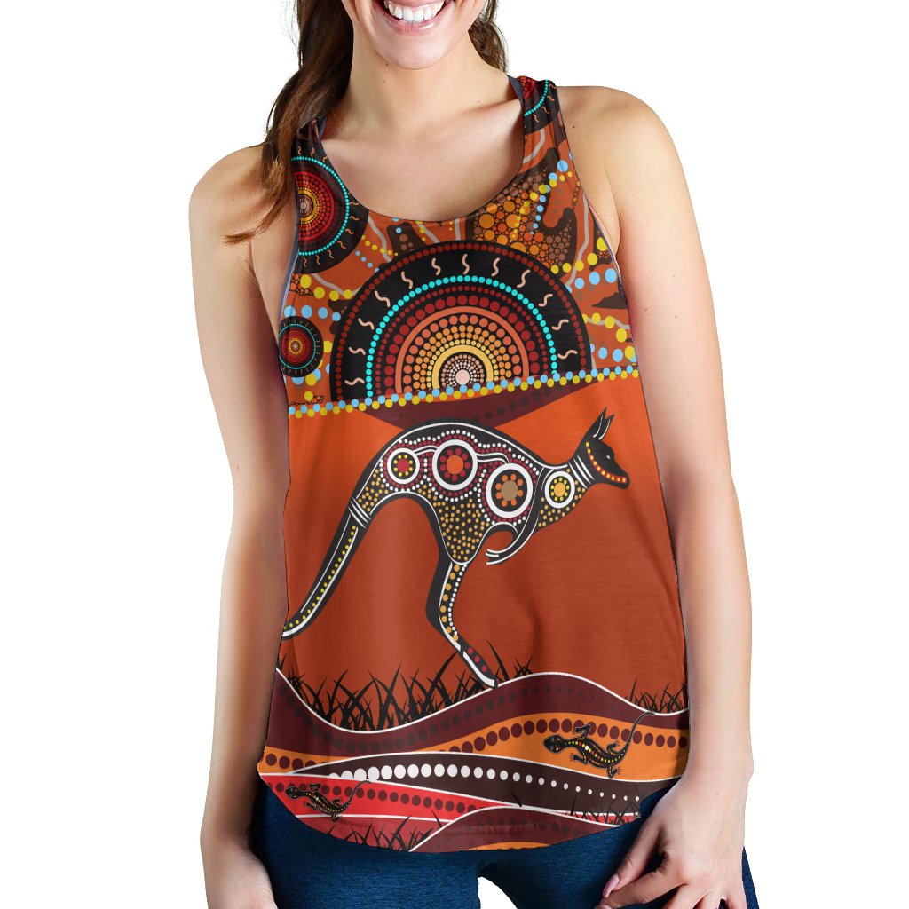 Aboriginal Women's Racerback Tank - Kangaroo With Dot Painting - Vibe Hoodie
