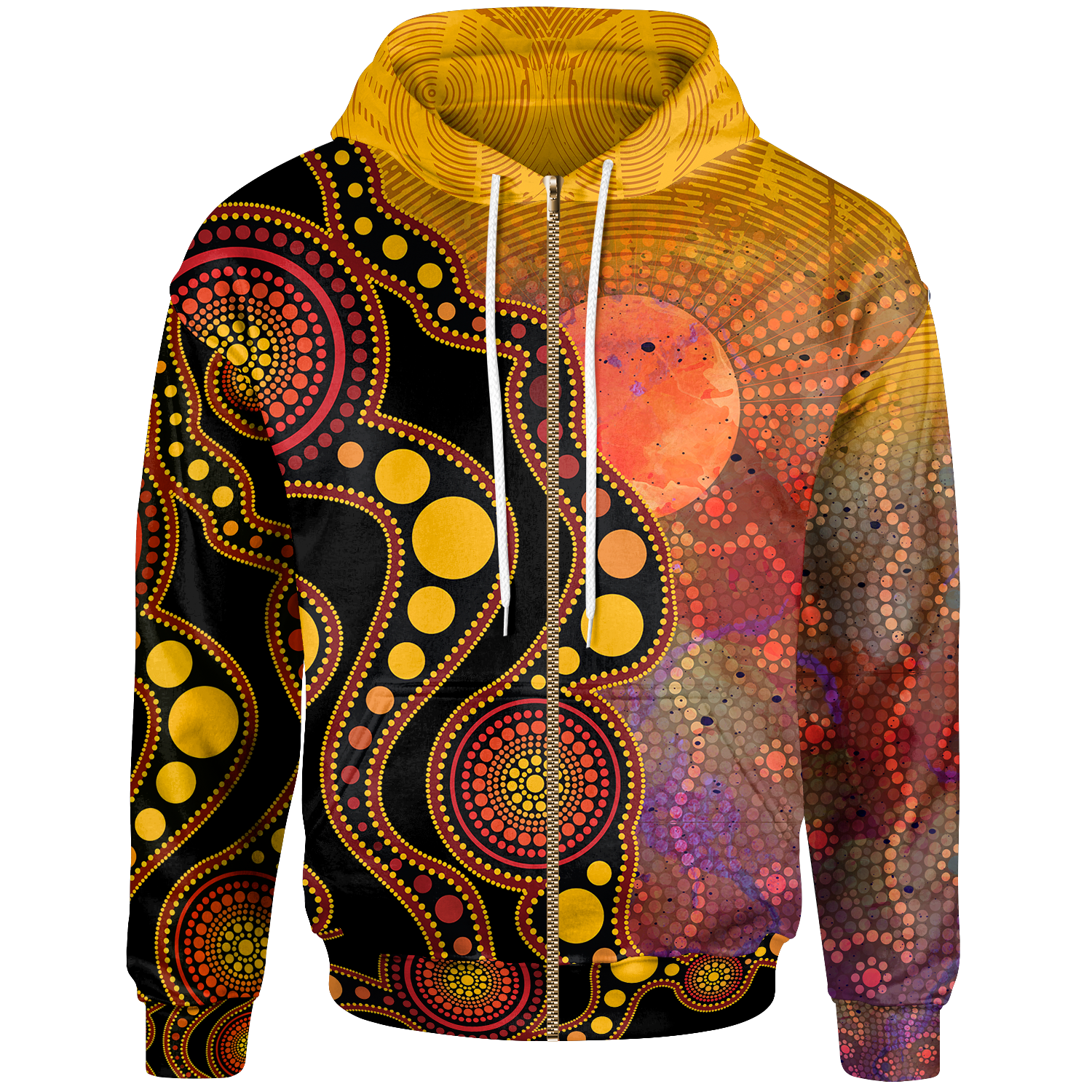 kid-aboriginal-zip-up-hoodie-australia-indigenous-flag-circle-dot-painting-art-golden