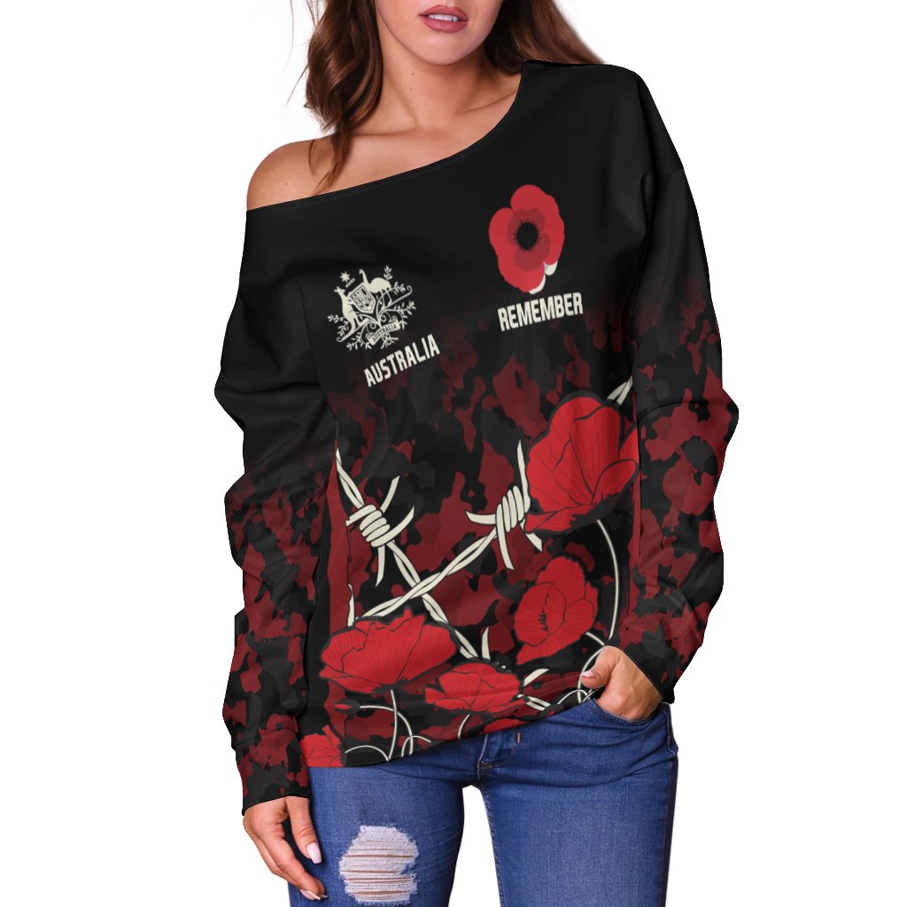 Anzac Off Shoulder Sweater - Anzac with Remembrance Poppy Flower - Vibe Hoodie