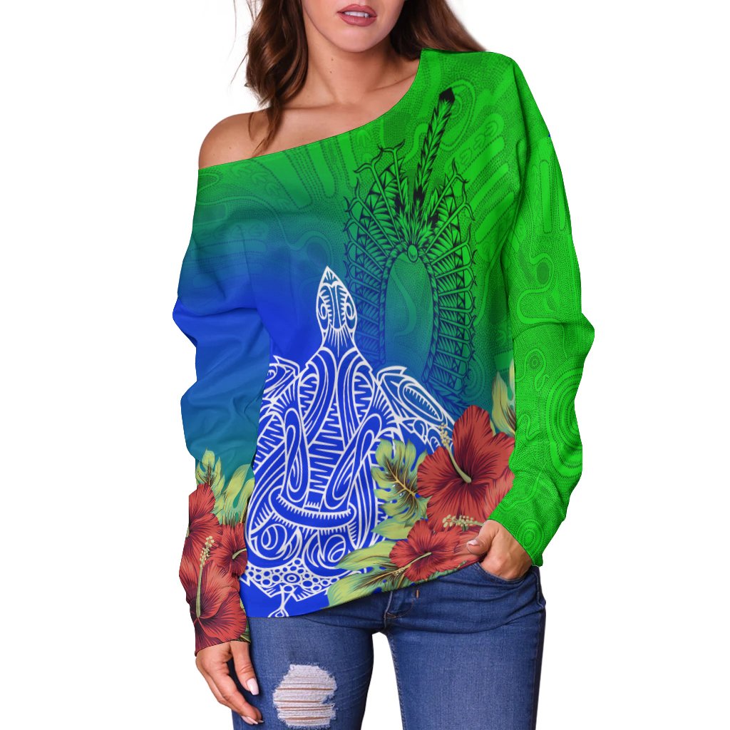 Torres Strait Islanders Off Shoulder Sweater - Ocean Hibiscus - Vibe Hoodie