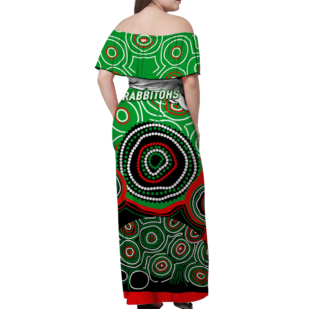 Rabbitohs Rugby Aboriginal Art Women Off Shoulder Long Dress - LT12