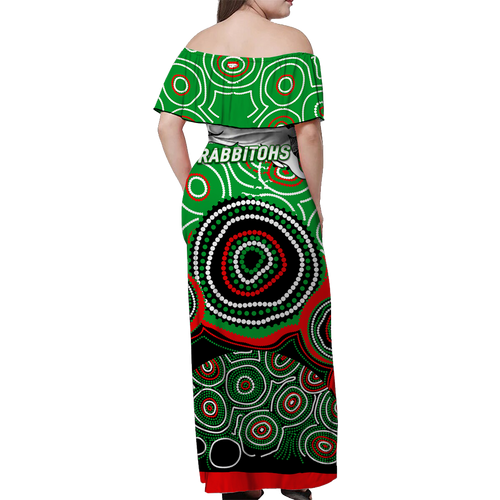 Rabbitohs Rugby Aboriginal Art Women Off Shoulder Long Dress - LT12