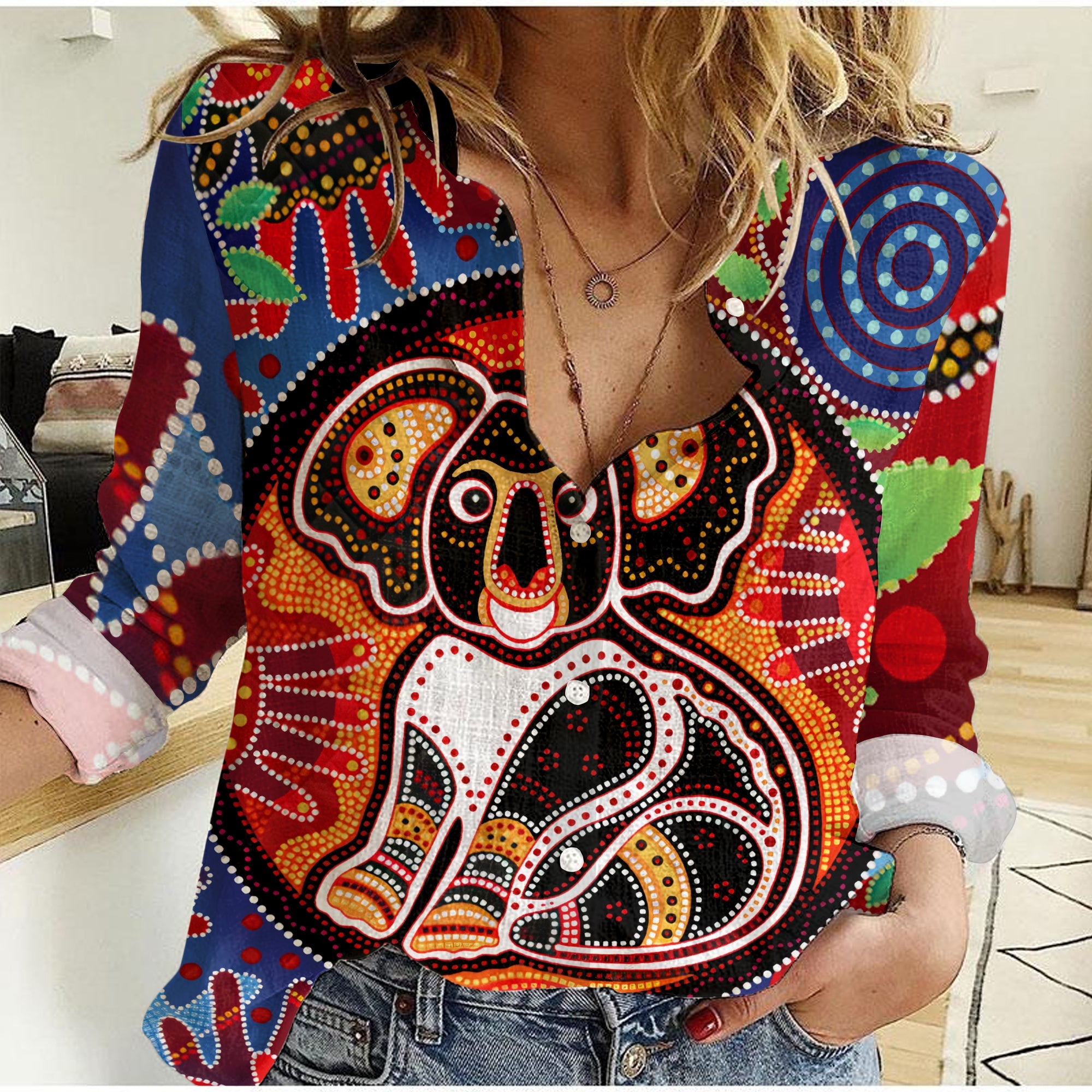 custom-text-and-number-women-casual-shirt-aboriginal-koala-and-hand-art-dot-painting